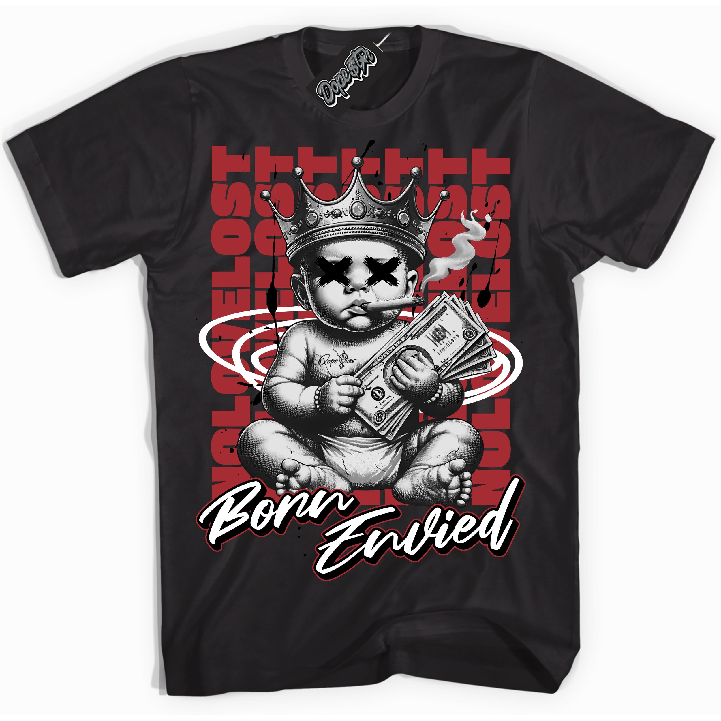 Cool Black Shirt with “Born Envied” design that perfectly matches the Black Toe Bright Crimson Dunk Sneakers.