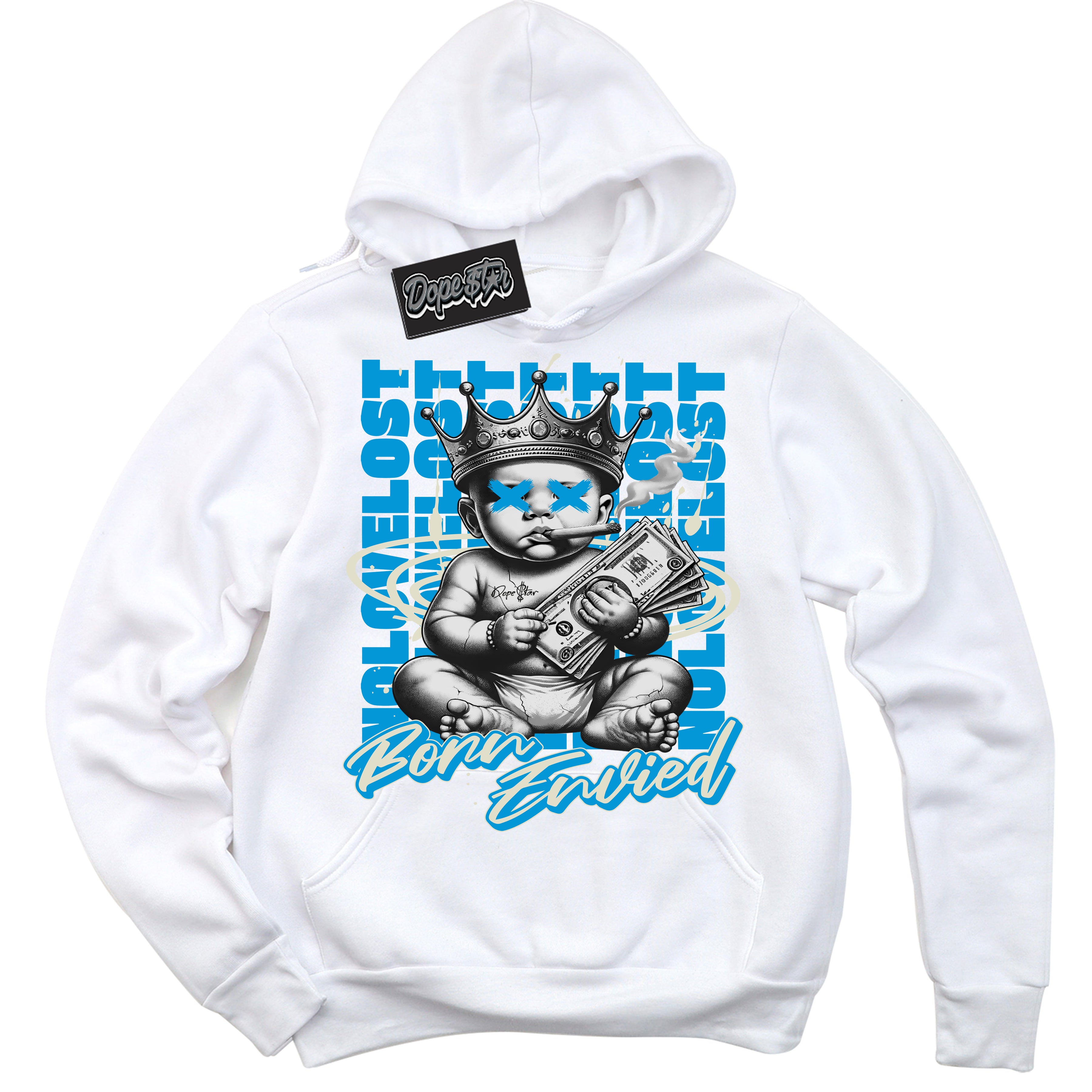 Cool White Hoodie with “Born Envied” design that Perfectly Matches Coconut Milk University Blue Dunk Sneakers.