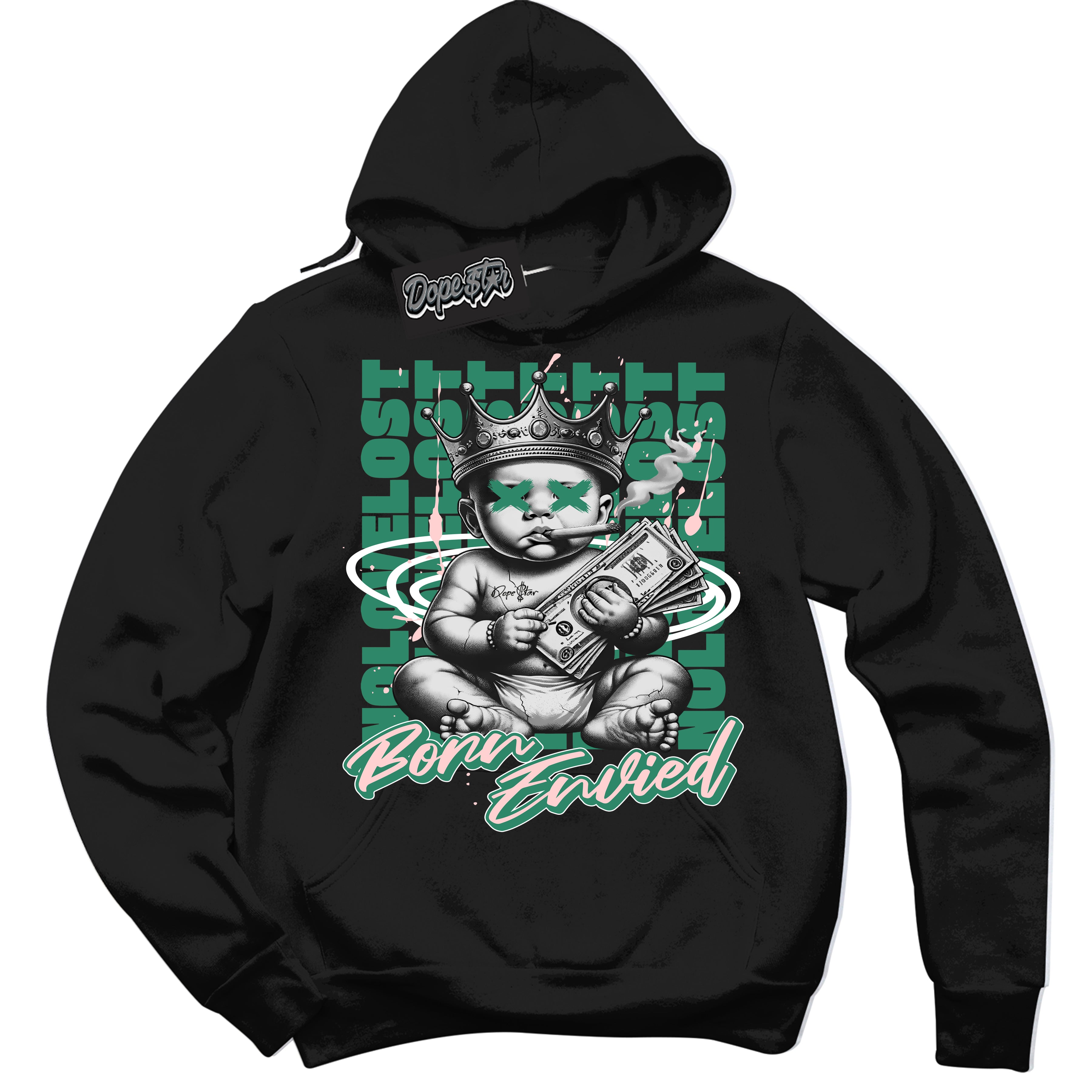 Cool Black Hoodie with “Born Envied” design that Perfectly Matches Malachite Dunk Sneakers.