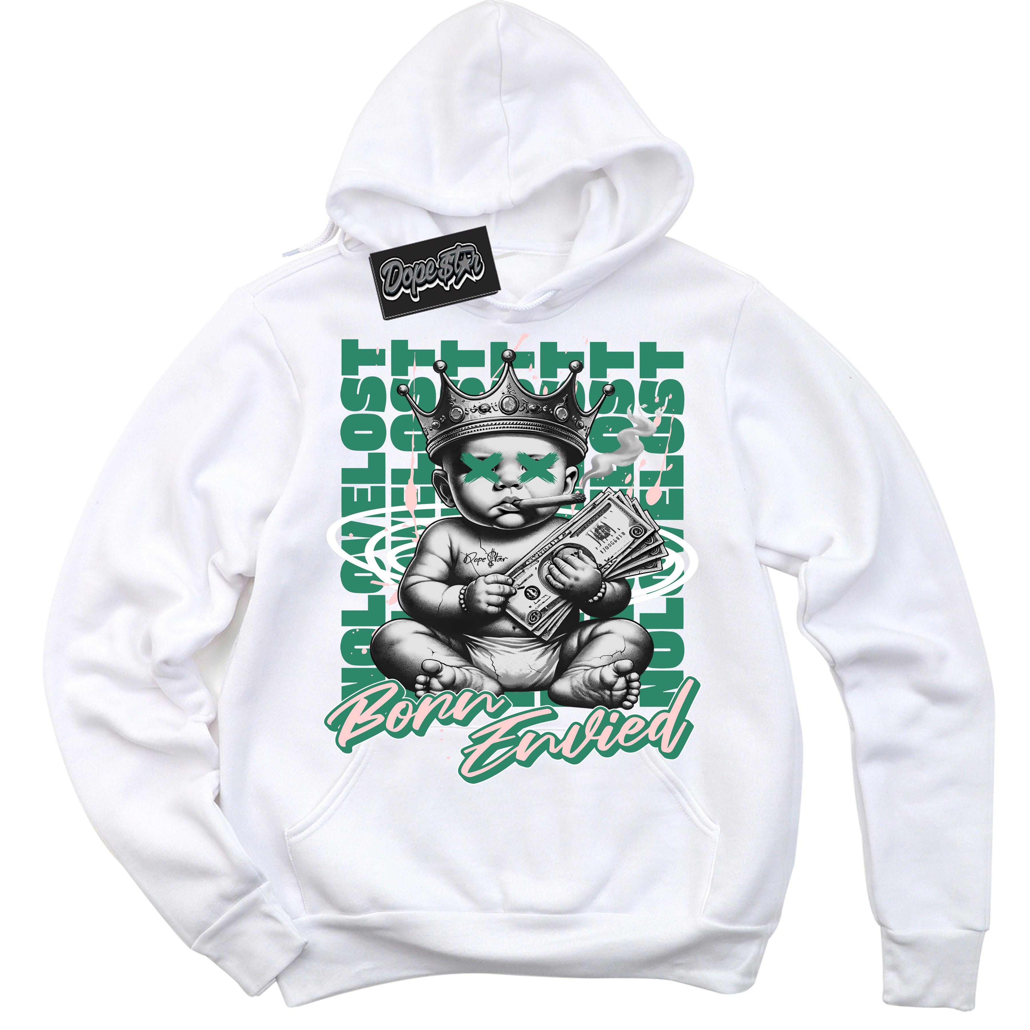 Cool White Hoodie with “Born Envied” design that Perfectly Matches Malachite Dunk Sneakers.