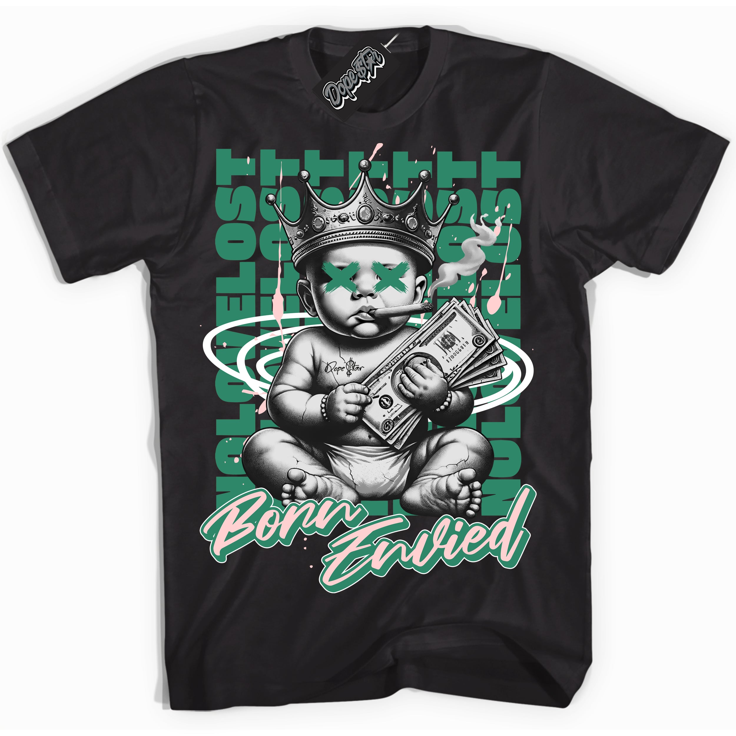 Cool Black Shirt with “Born Envied” design that perfectly matches the Malachite Dunk Sneakers.