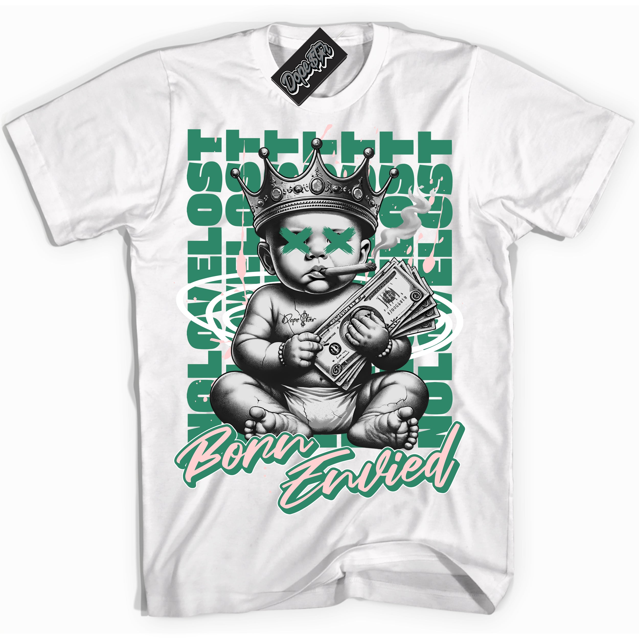 Cool White Shirt with “Born Envied” design that perfectly matches the Malachite Dunk Sneakers.