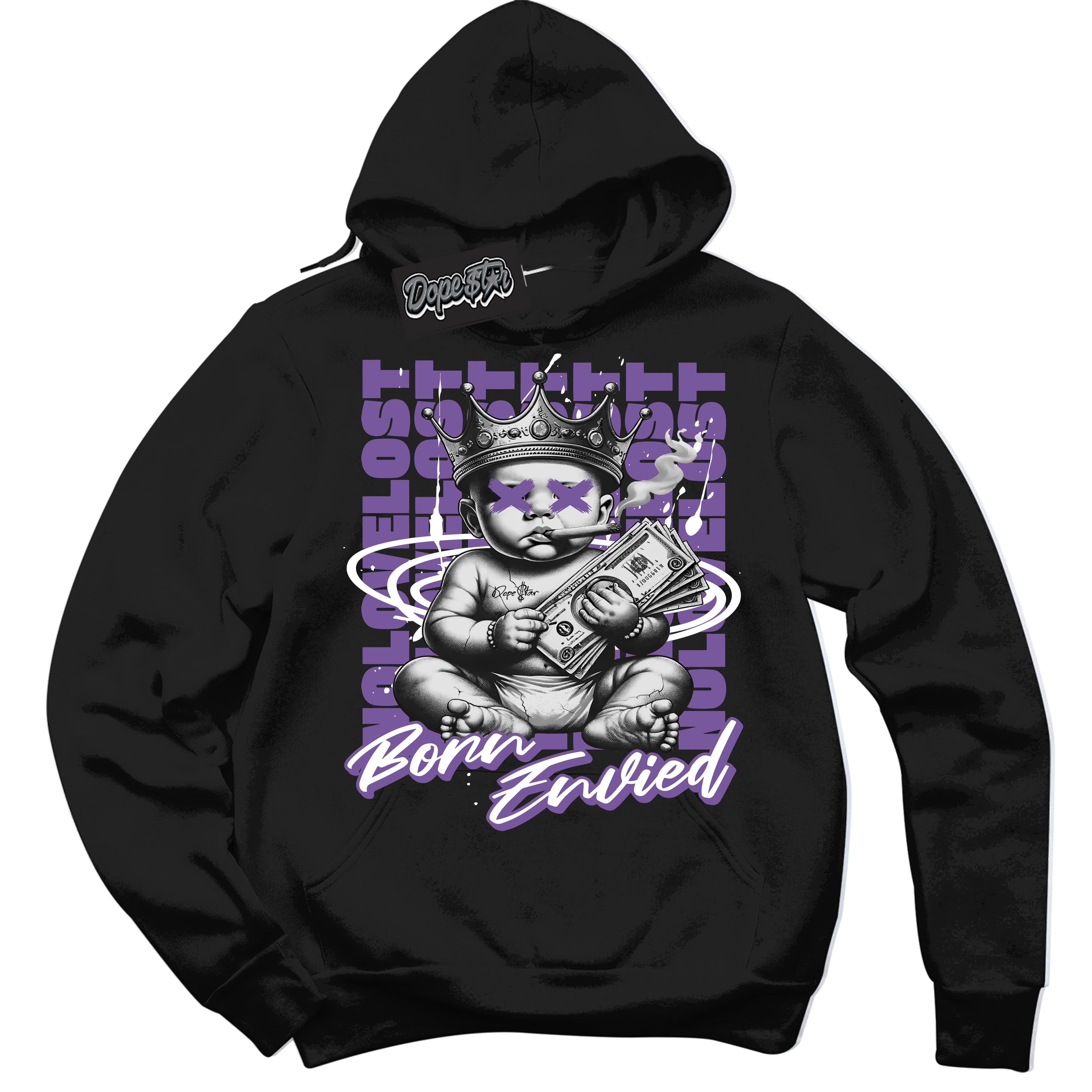 Cool Black Hoodie with “Born Envied” design that Perfectly Matches Next Nature Black Raspberry Dunk Sneakers.