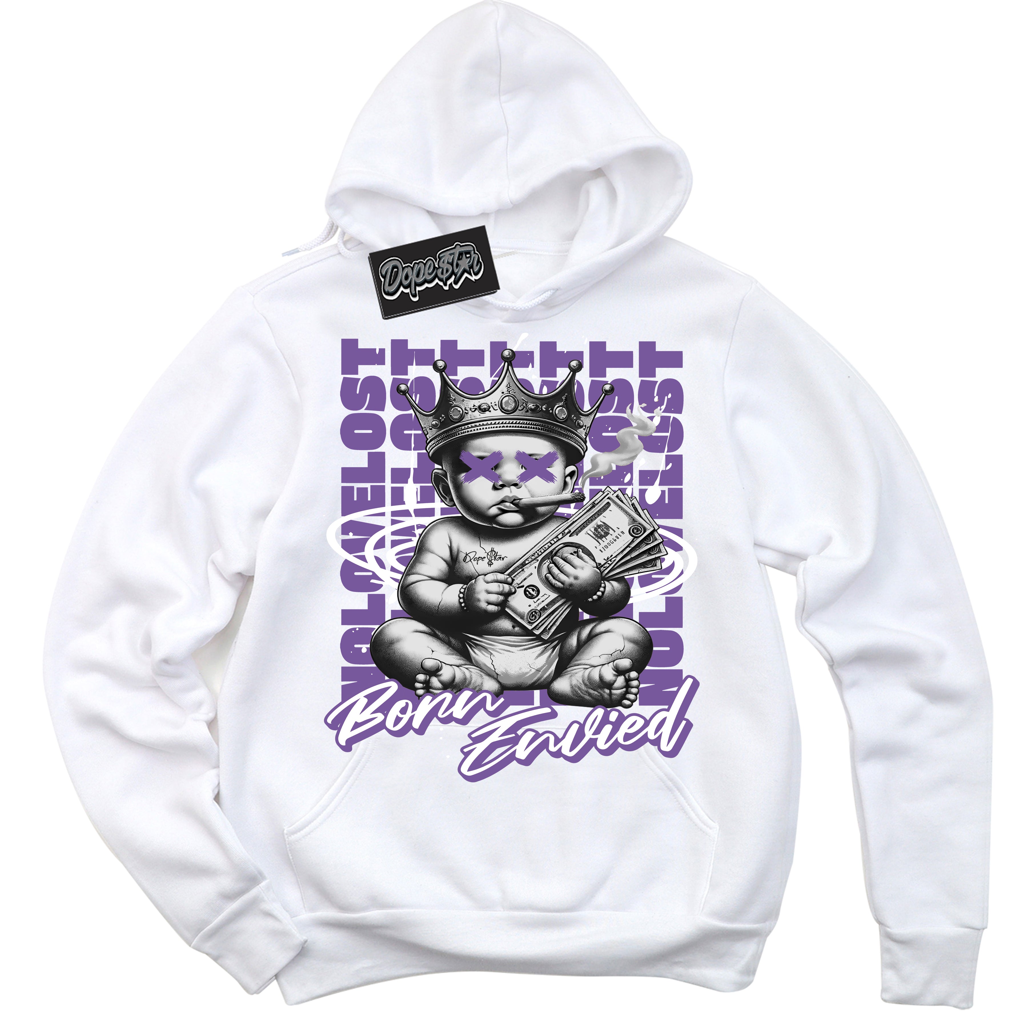 Cool White Hoodie with “Born Envied” design that Perfectly Matches Next Nature Black Raspberry Dunk Sneakers.