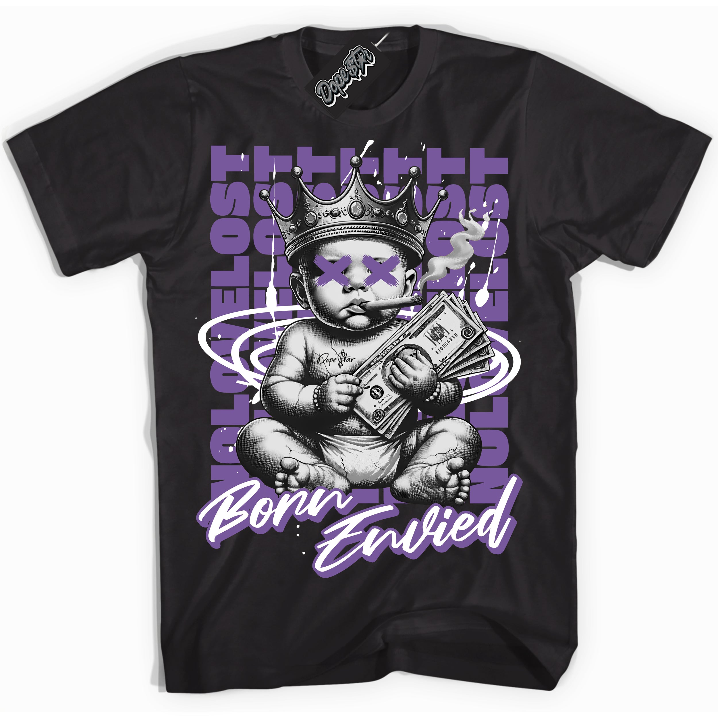 Cool Black Shirt with “Born Envied” design that perfectly matches the Next Nature Black Raspberry Dunk Sneakers.