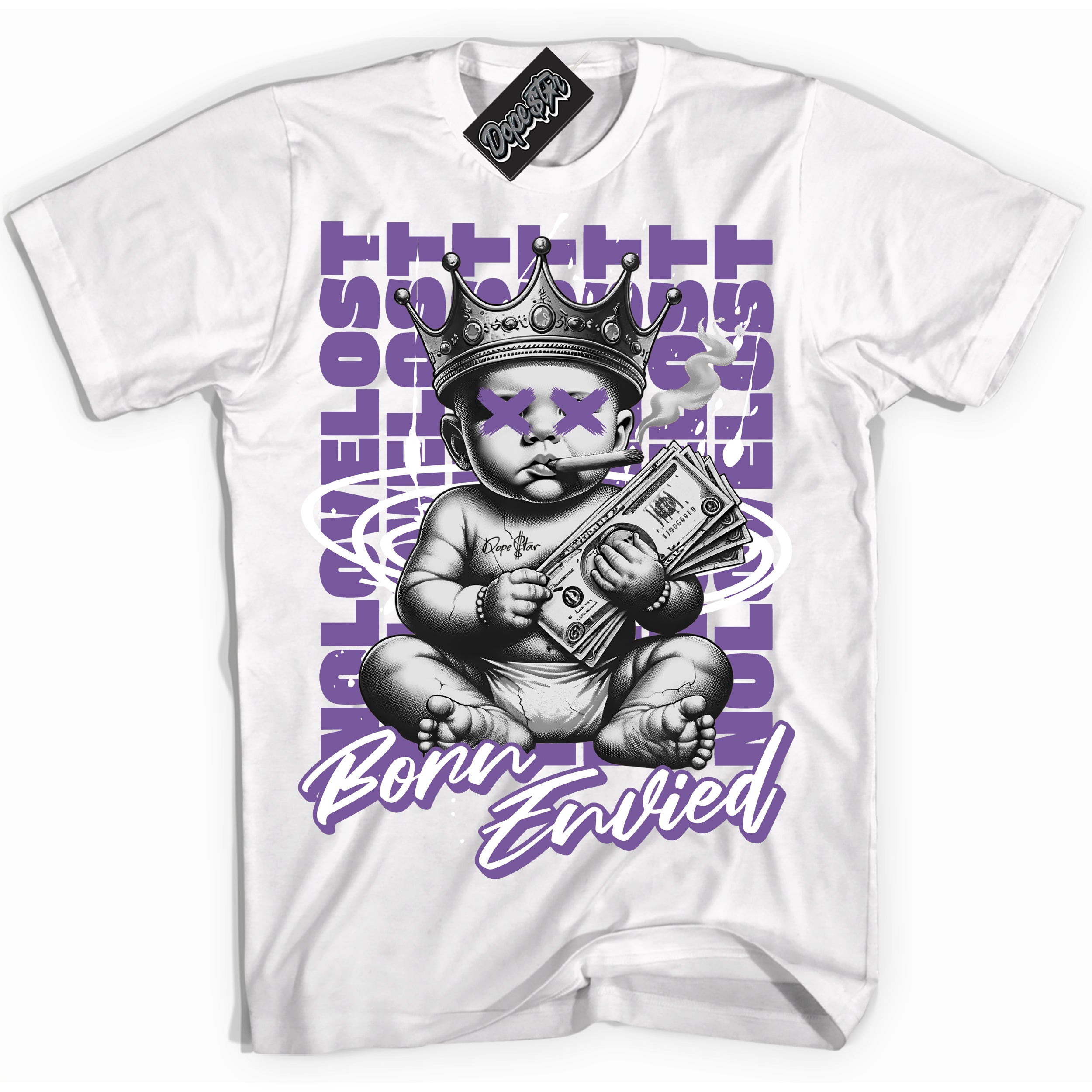 Cool White Shirt with “Born Envied” design that perfectly matches the Next Nature Black Raspberry Dunk Sneakers.