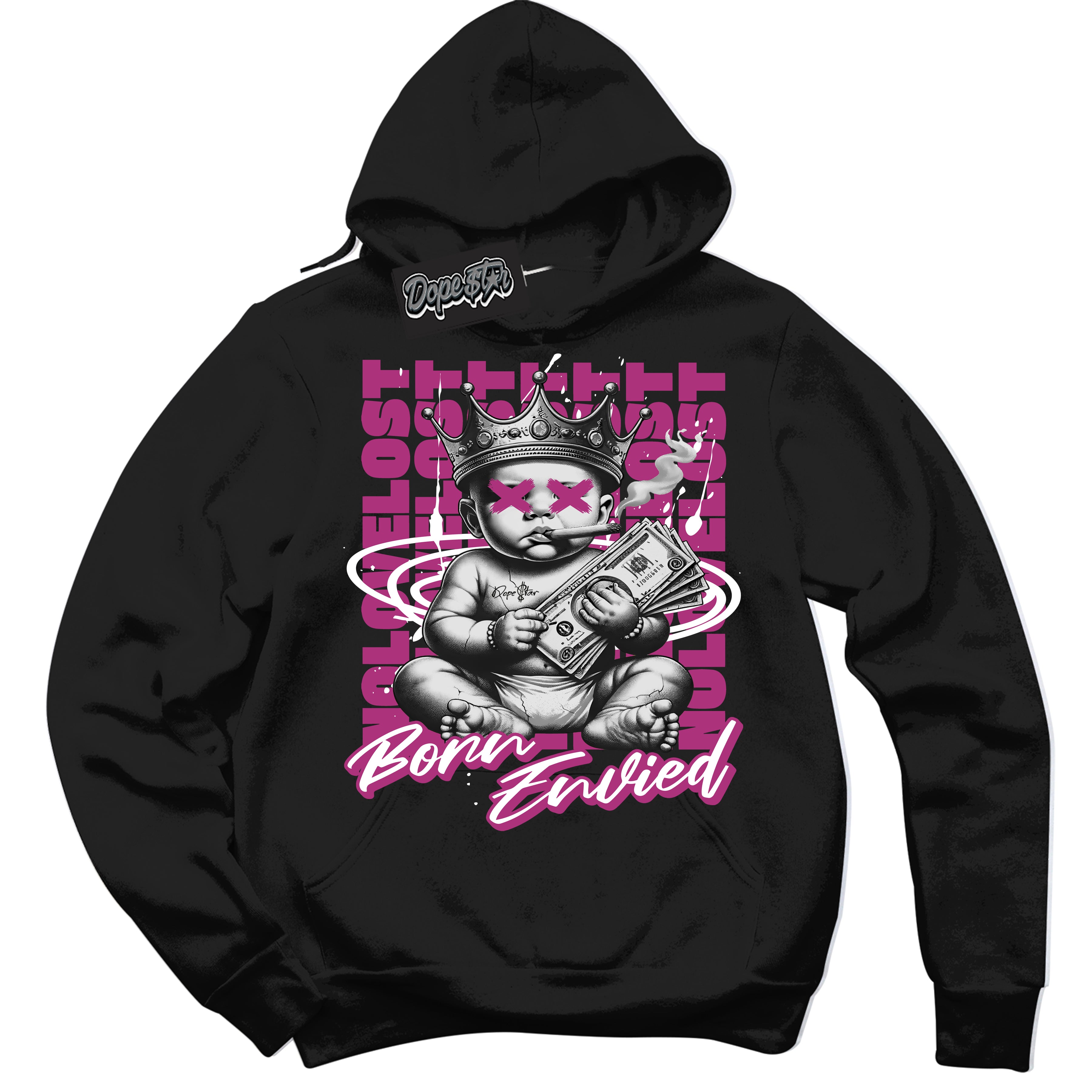 Cool Black Hoodie with “Born Envied” design that Perfectly Matches Next Nature Hot Fuchsia Dunk Sneakers.