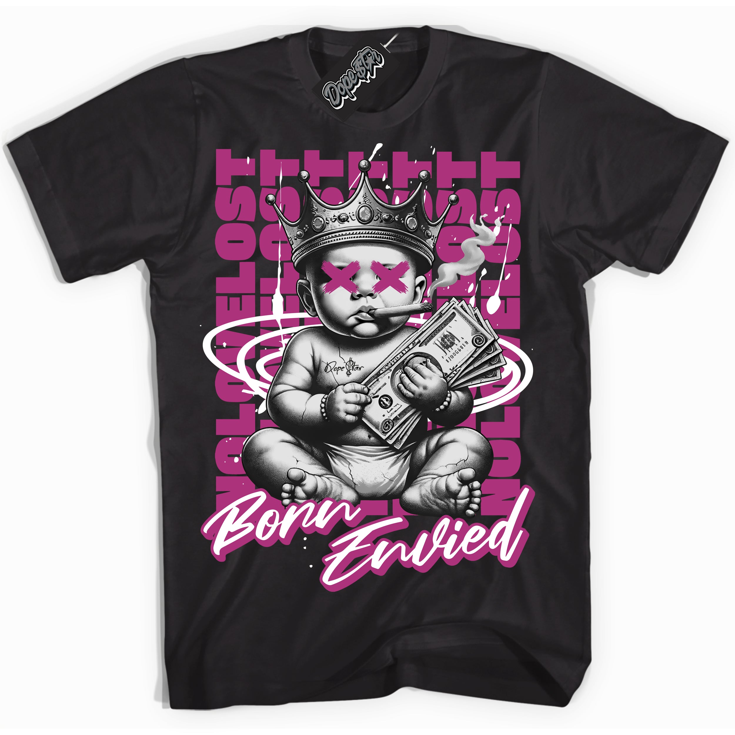 Cool Black Shirt with “Born Envied” design that perfectly matches the Next Nature Hot Fuchsia Dunk Sneakers.