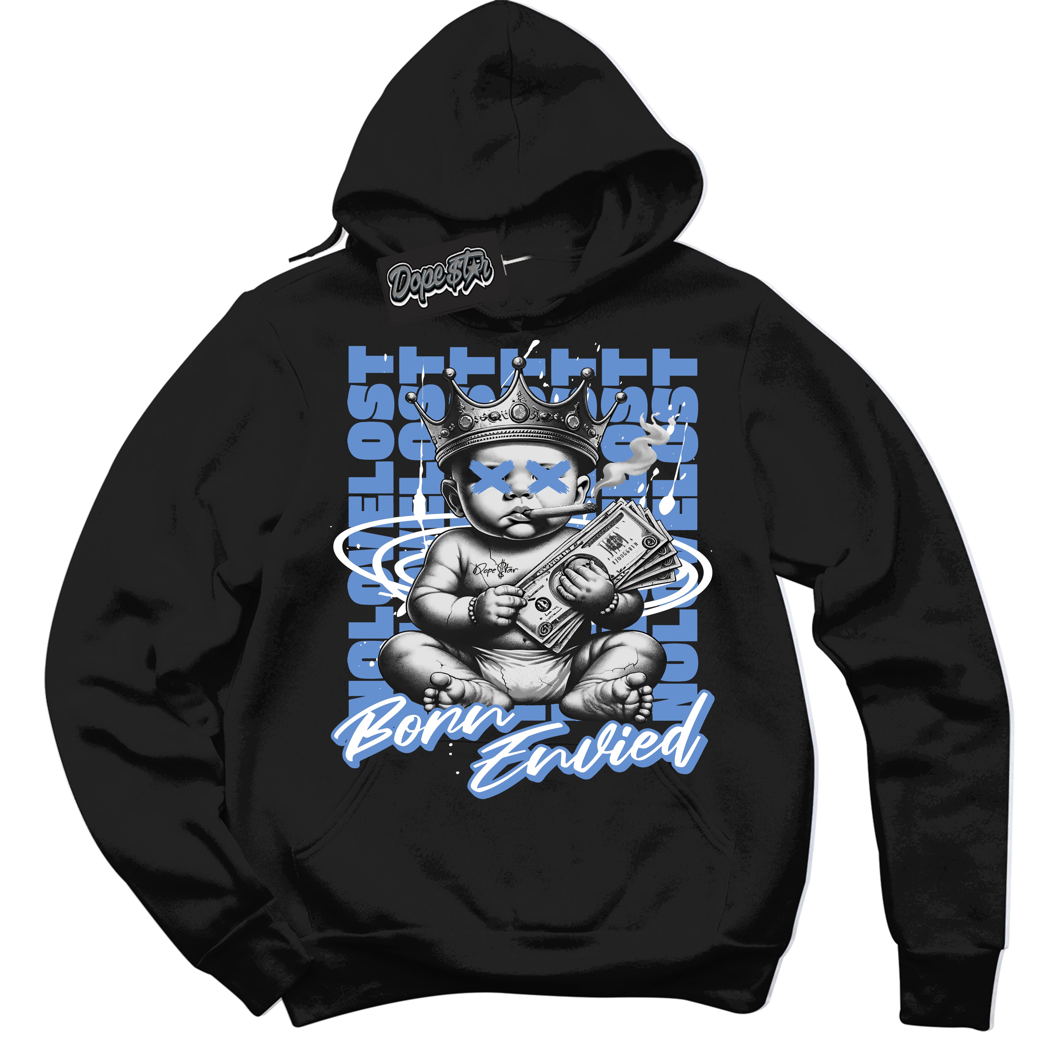 Cool Black Hoodie with “Born Envied” design that Perfectly Matches Polar Blue Dunk Sneakers.