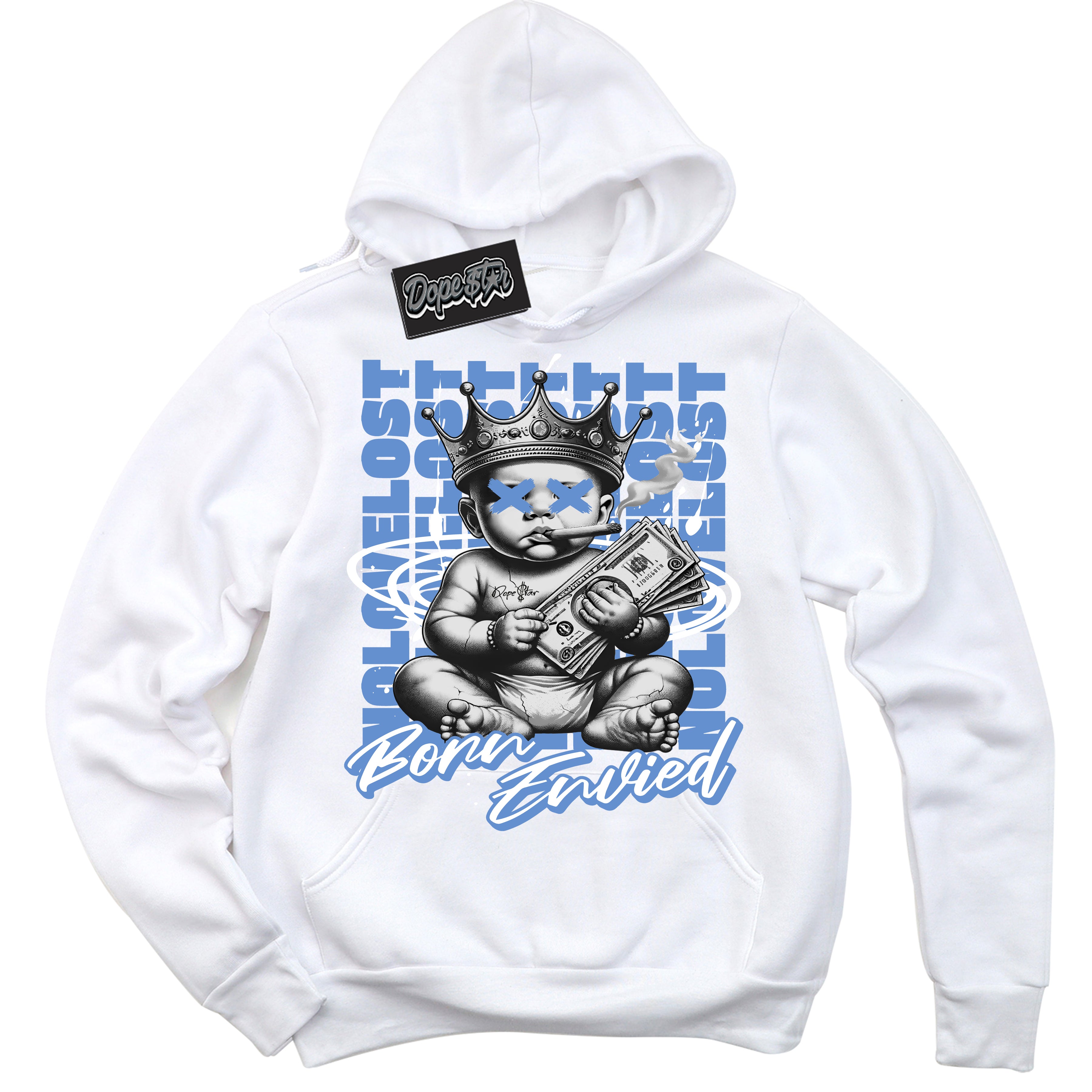 Cool White Hoodie with “Born Envied” design that Perfectly Matches Polar Blue Dunk Sneakers.