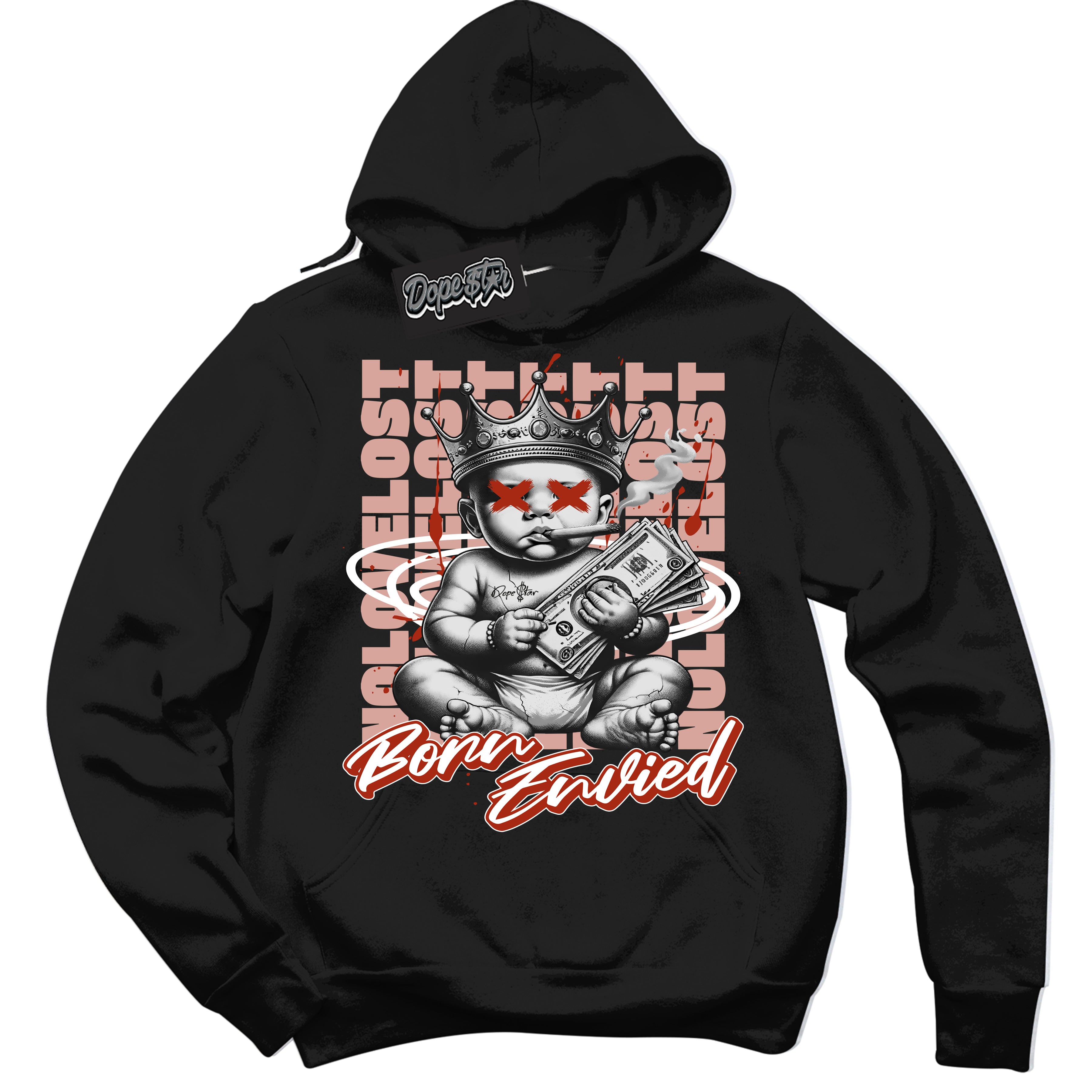 Cool Black Hoodie with “Born Envied” design that Perfectly Matches Red Stardust Dunk Sneakers.