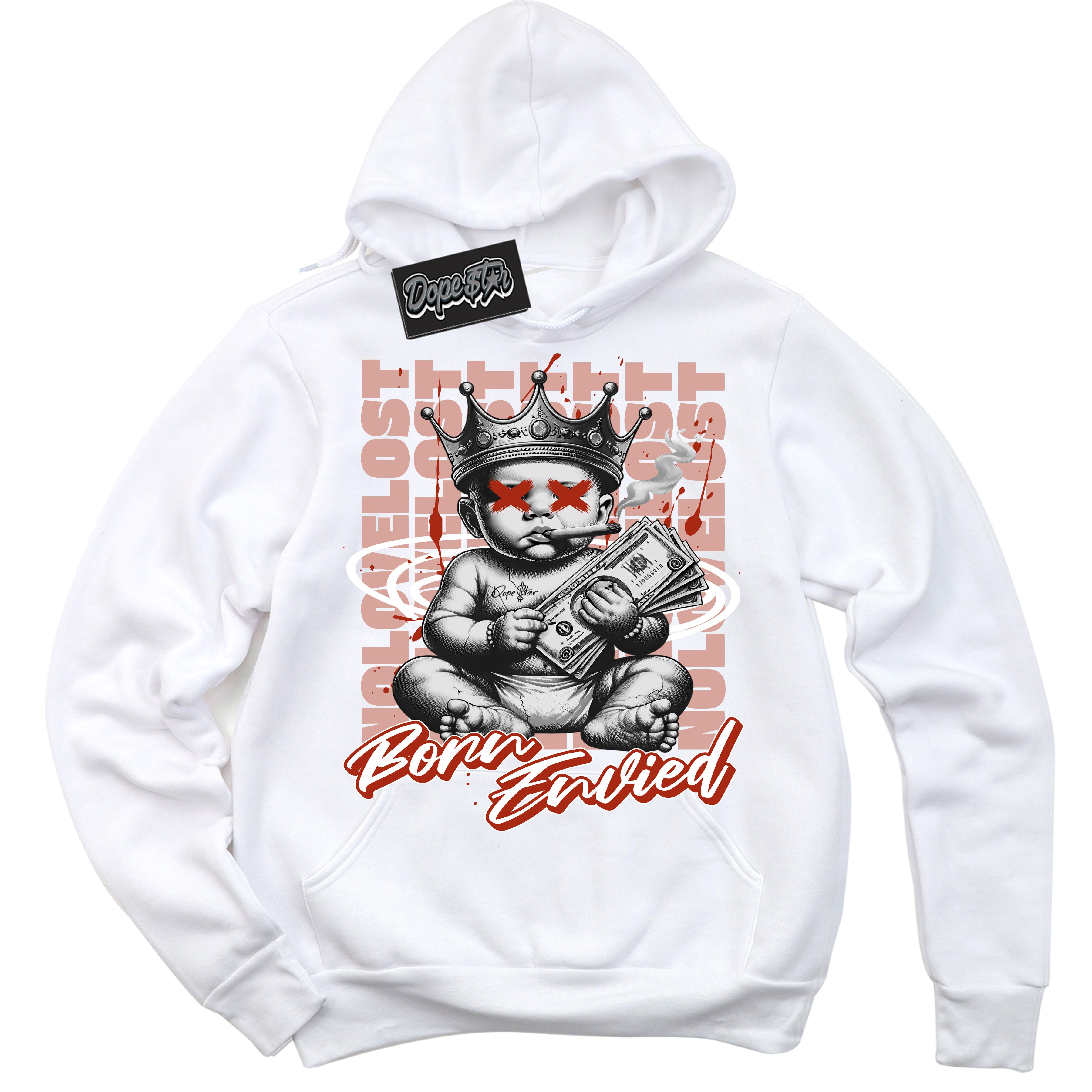 Cool White Hoodie with “Born Envied” design that Perfectly Matches Red Stardust Dunk Sneakers.