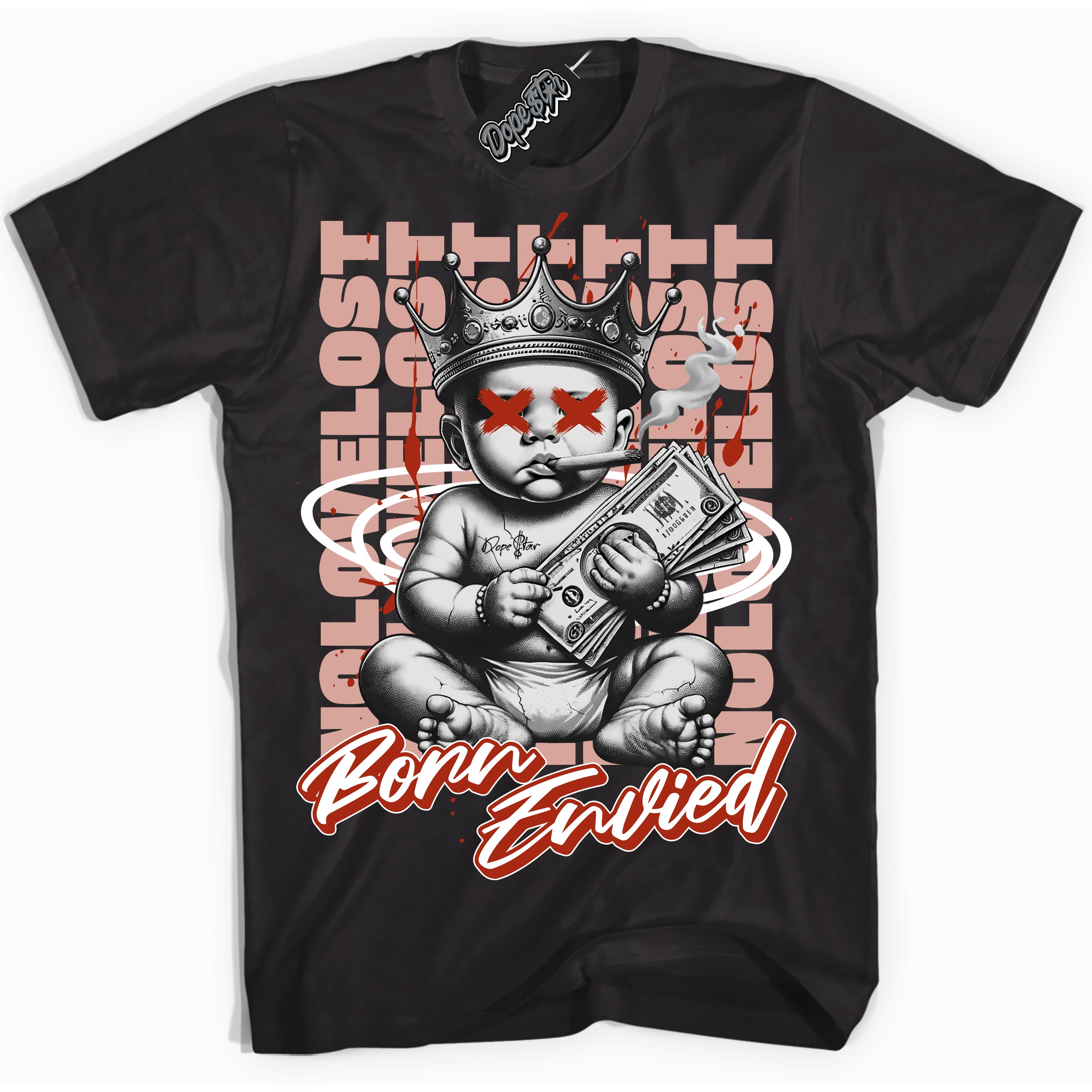 Cool Black Shirt with “Born Envied” design that perfectly matches the Red Stardust Dunk Sneakers.