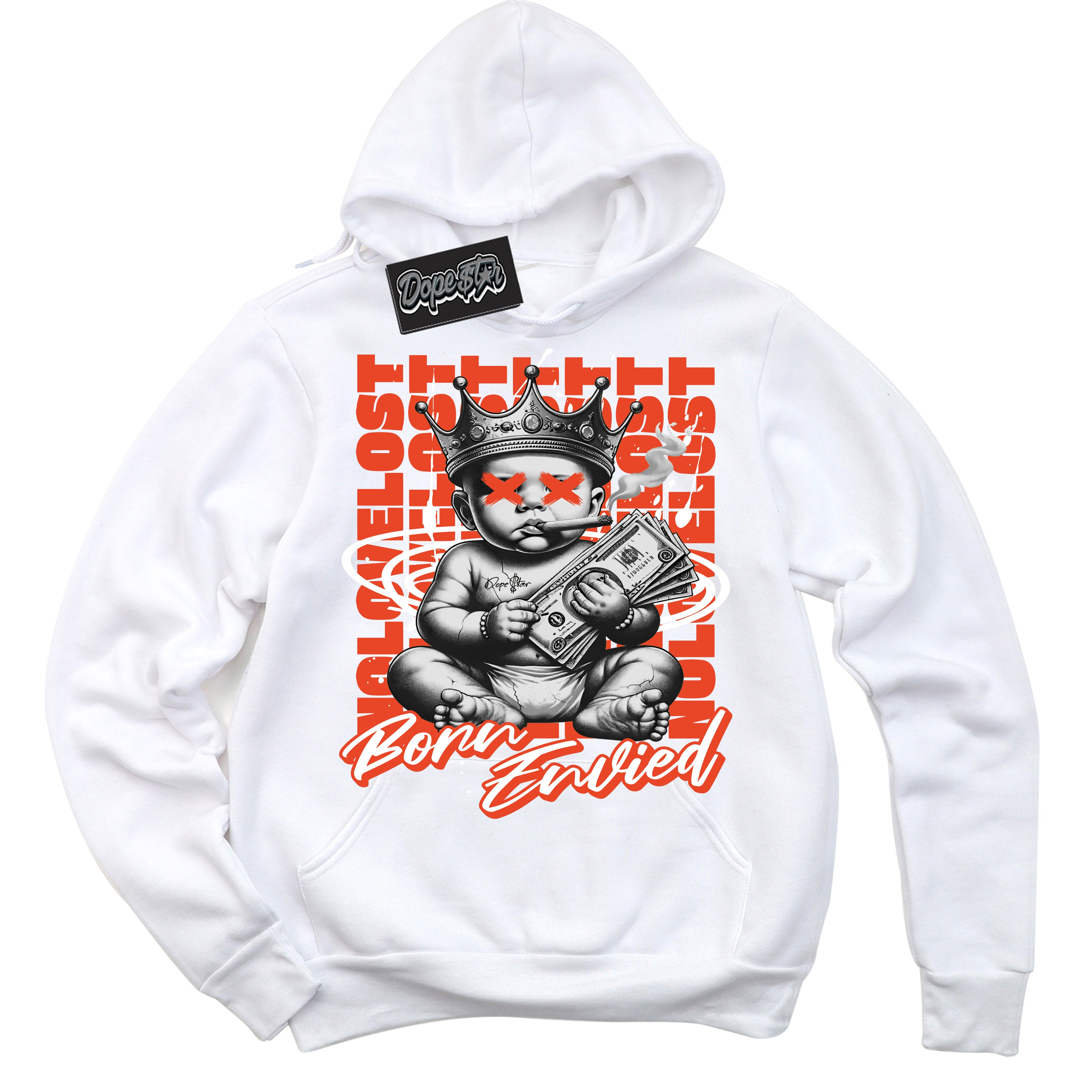 Cool White Hoodie with “Born Envied” design that Perfectly Matches Cosmic Clay Dunk Sneakers.