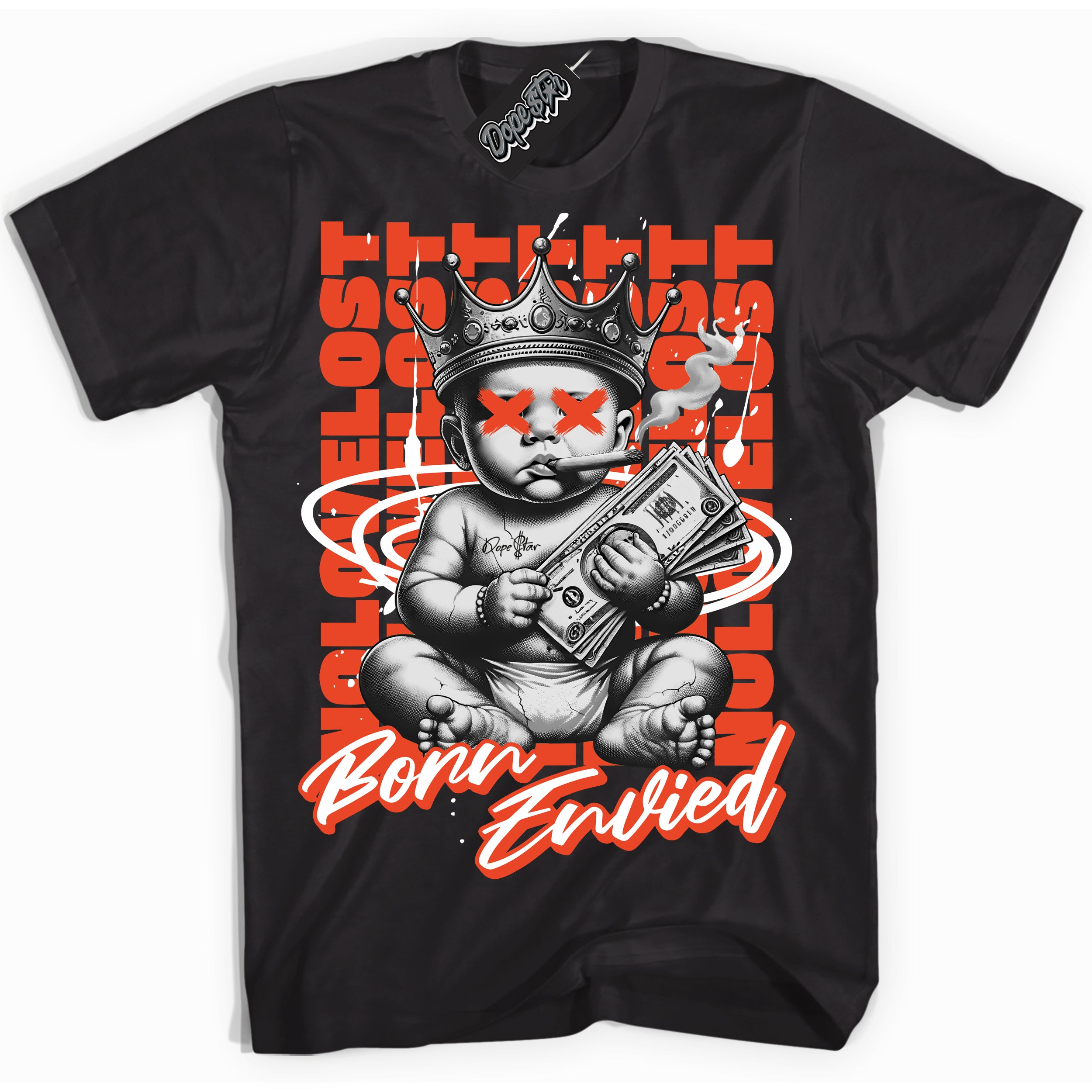 Cool Black Shirt with “Born Envied” design that perfectly matches the Cosmic Clay Dunk Sneakers.