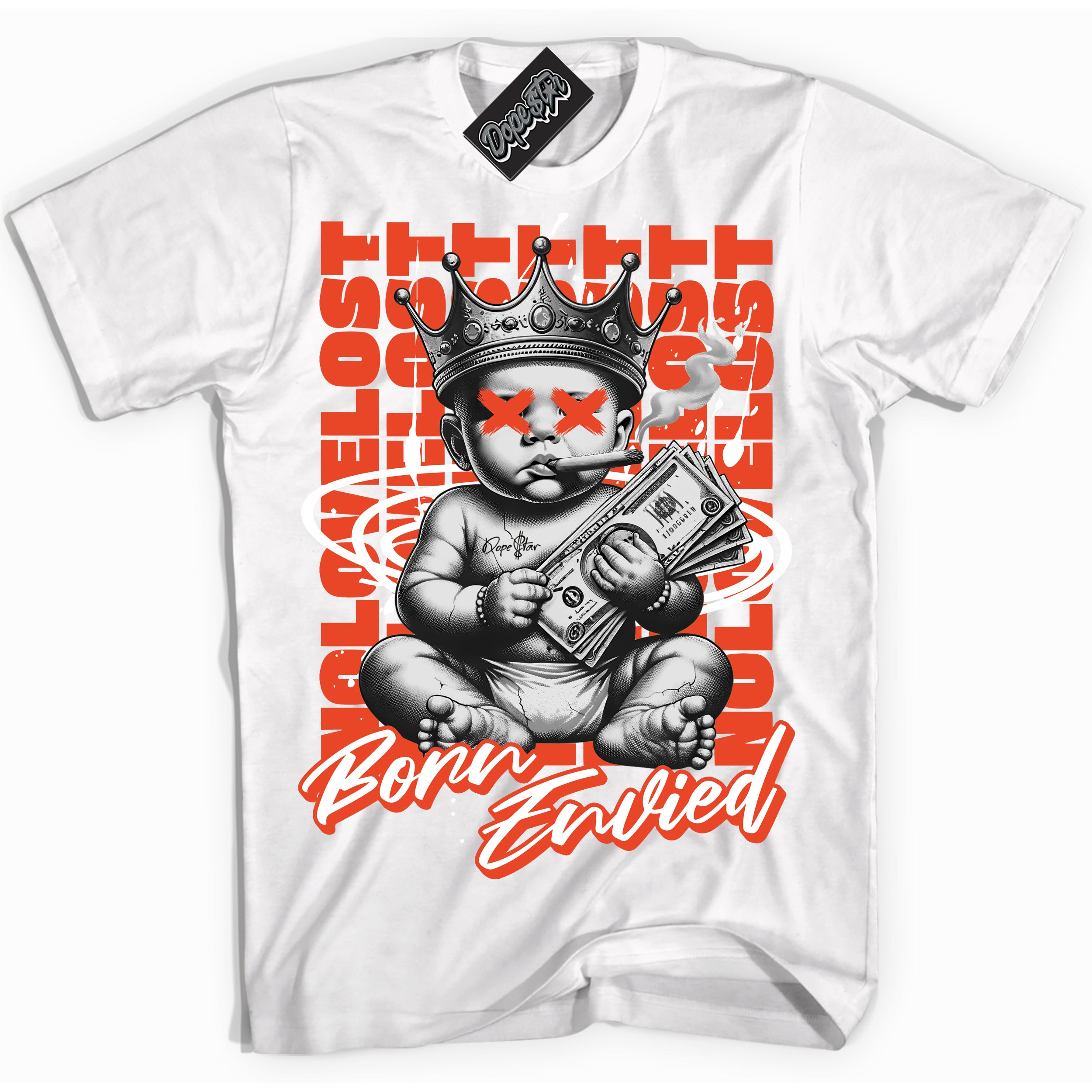 Cool White Shirt with “Born Envied” design that perfectly matches the Cosmic Clay Dunk Sneakers.