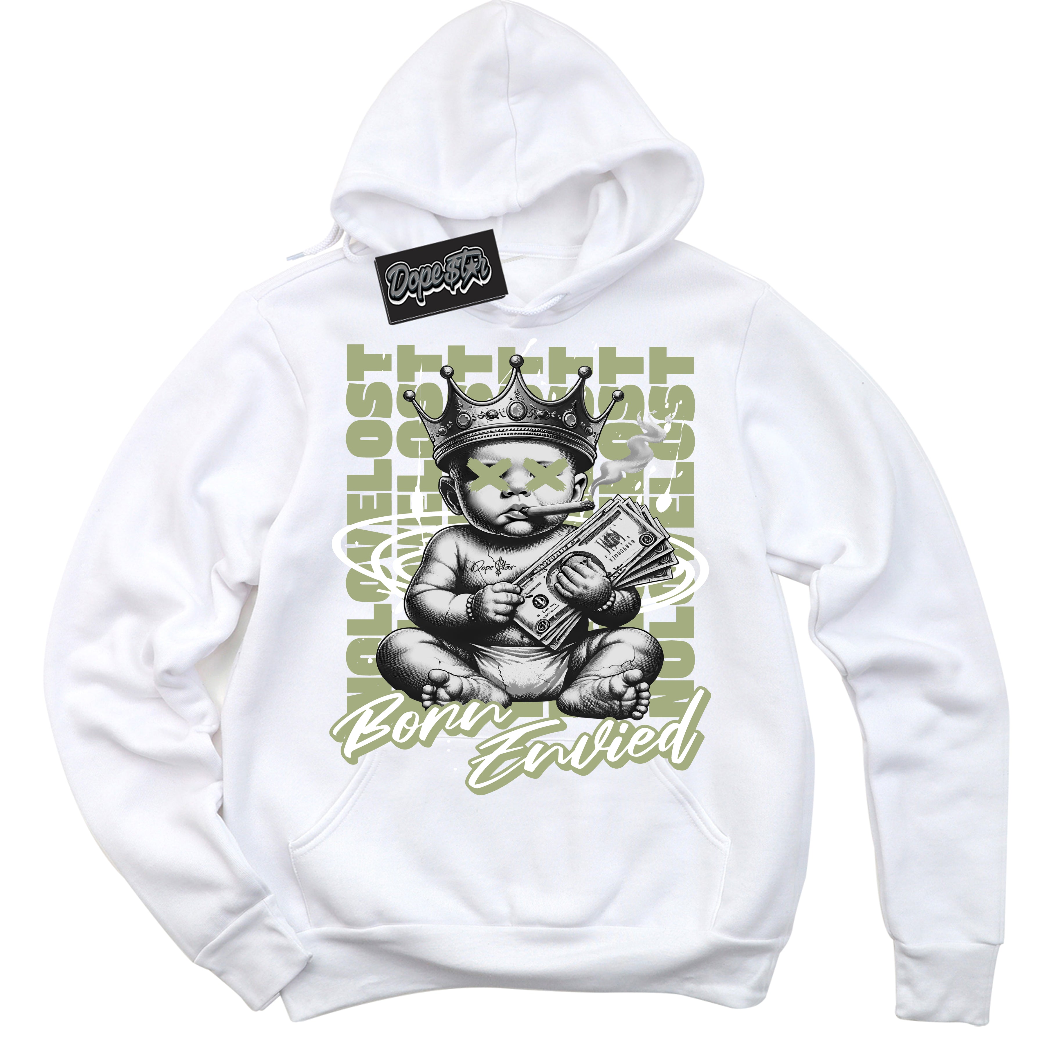 Cool White Hoodie with “Born Envied” design that Perfectly Matches Safari Oil Green Dunk Sneakers.