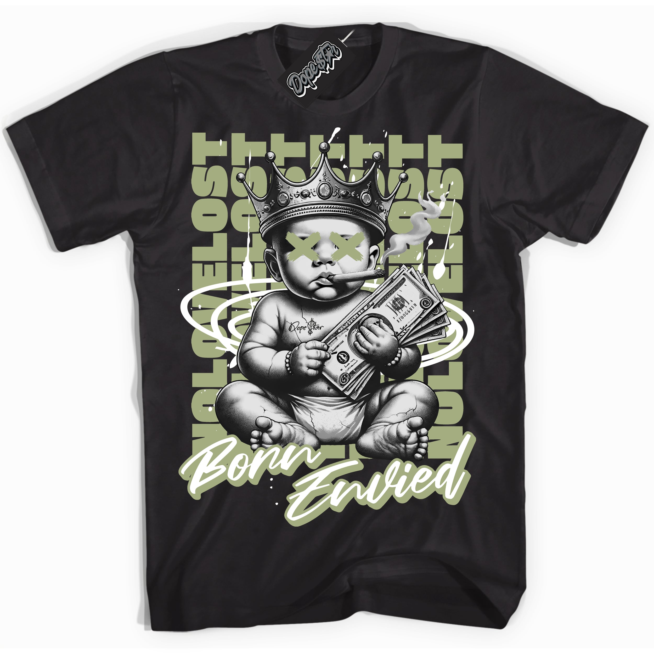 Cool Black Shirt with “Born Envied” design that perfectly matches the Safari Oil Green Dunk Sneakers.