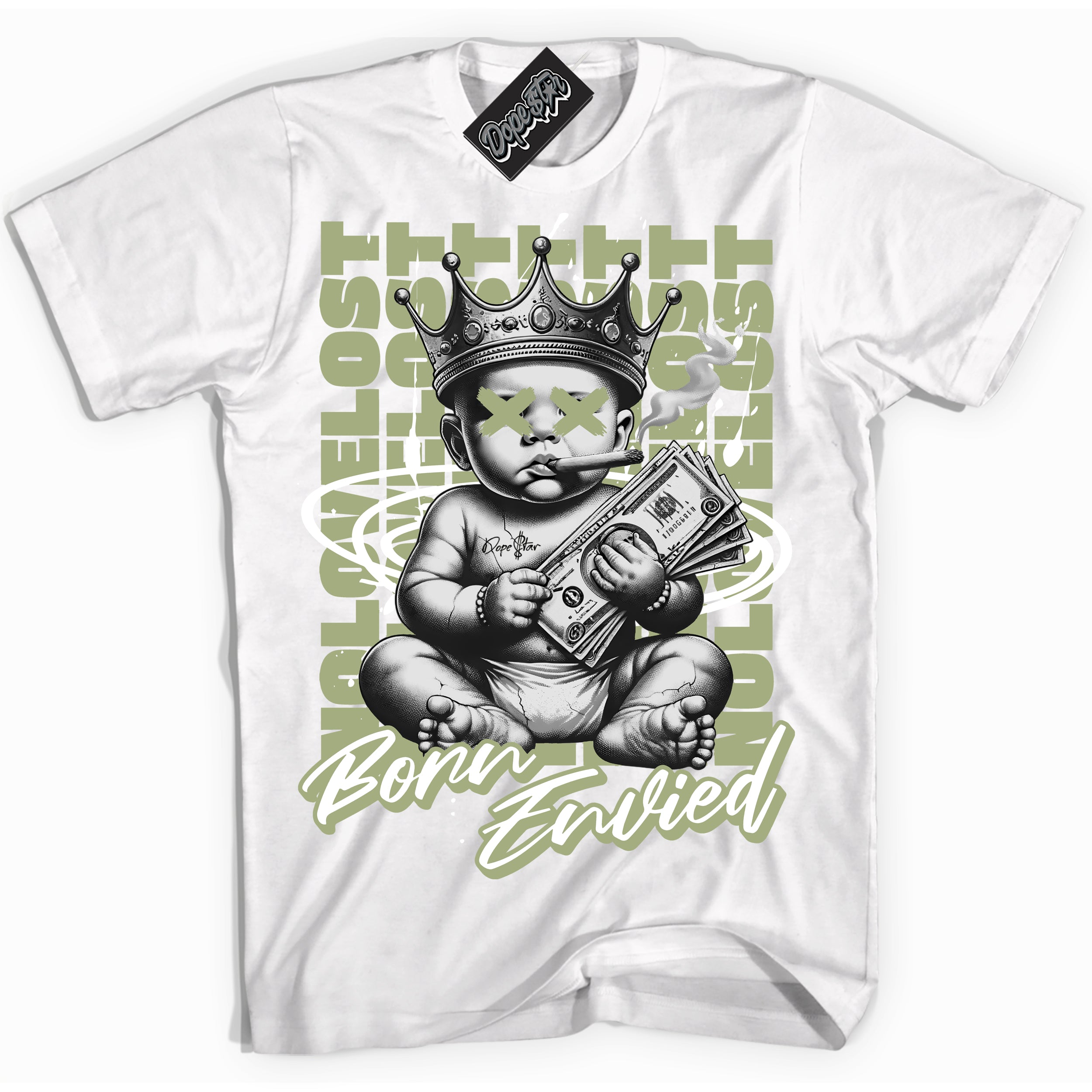 Cool White Shirt with “Born Envied” design that perfectly matches the Safari Oil Green Dunk Sneakers.