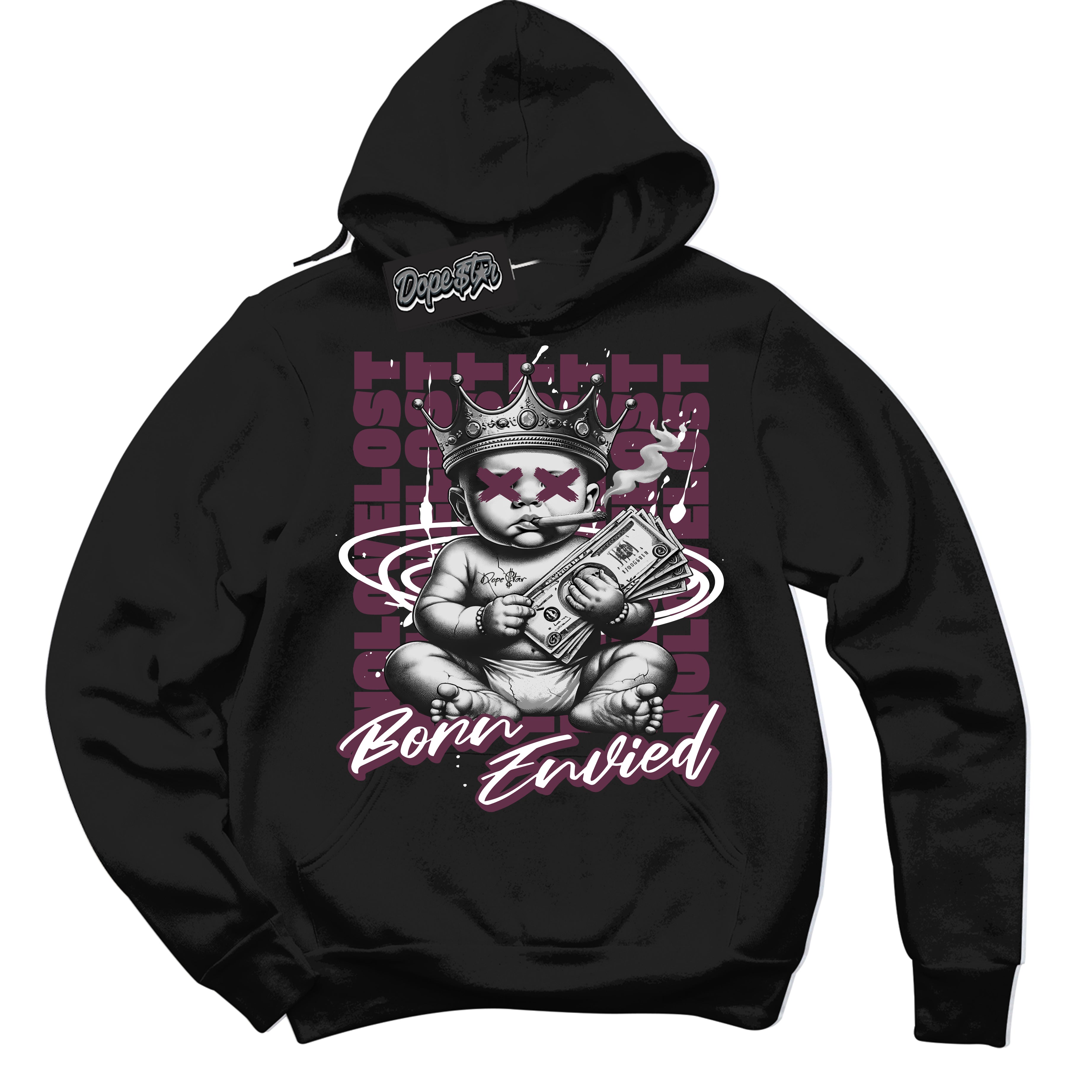 Cool Black Hoodie with “Born Envied” design that Perfectly Matches Viotech Dunk Sneakers.