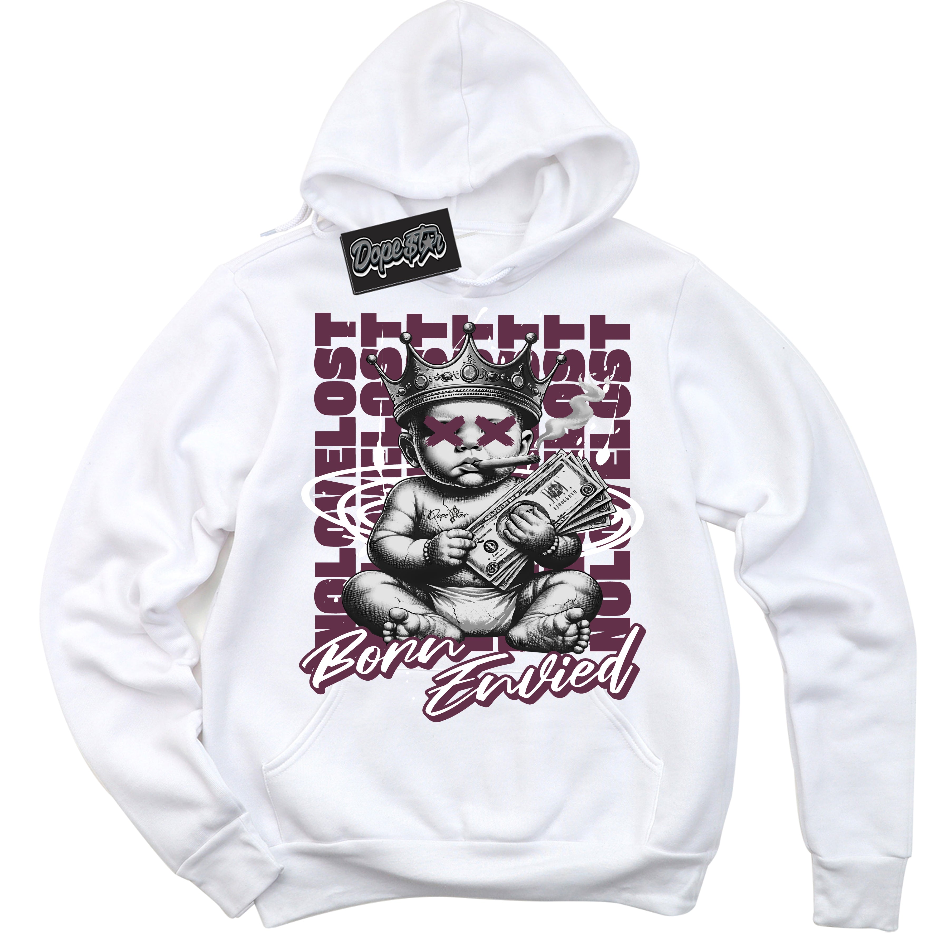 Cool White Hoodie with “Born Envied” design that Perfectly Matches Viotech Dunk Sneakers.