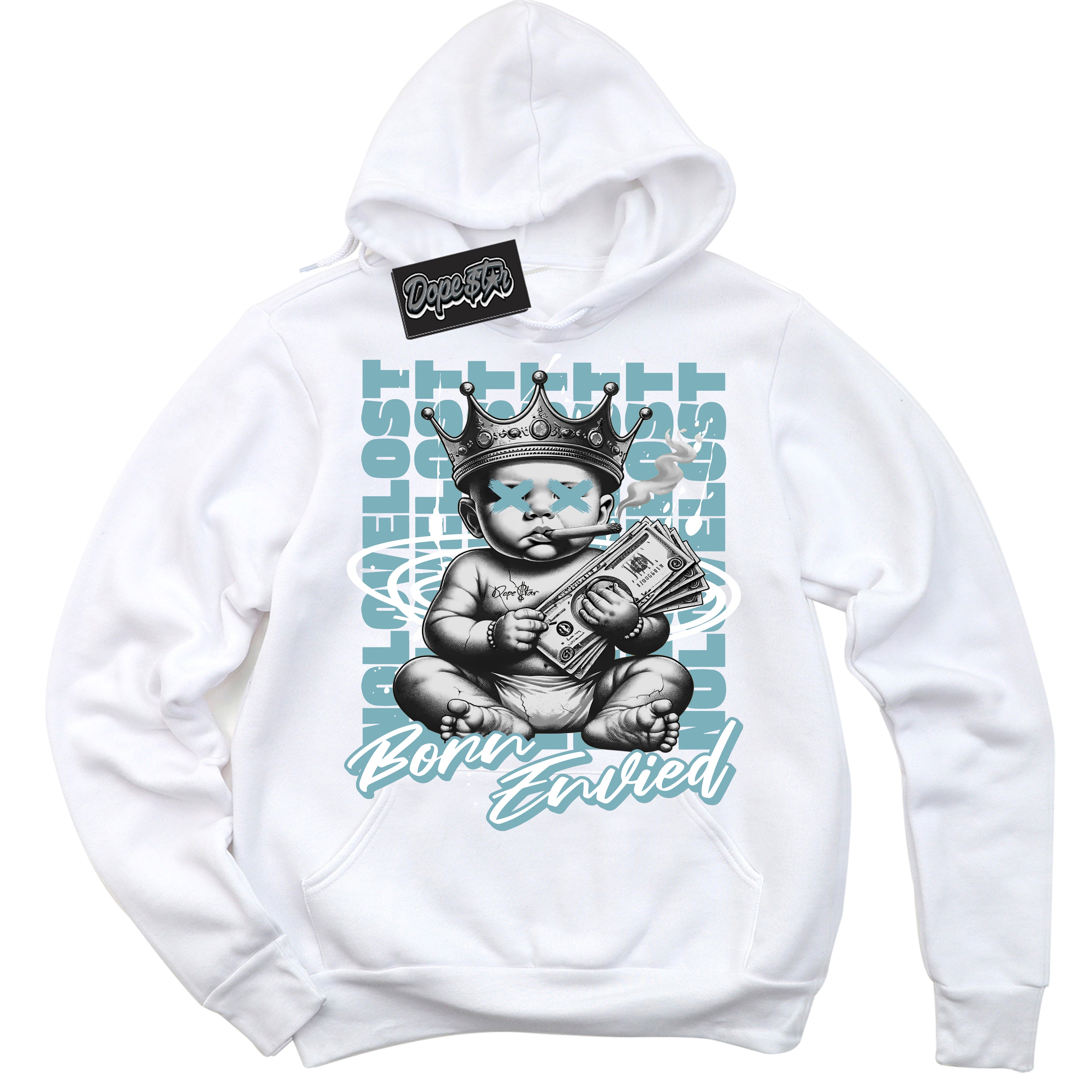 Cool White Hoodie with “Born Envied” design that Perfectly Matches Denim Turquoise Dunk Sneakers.