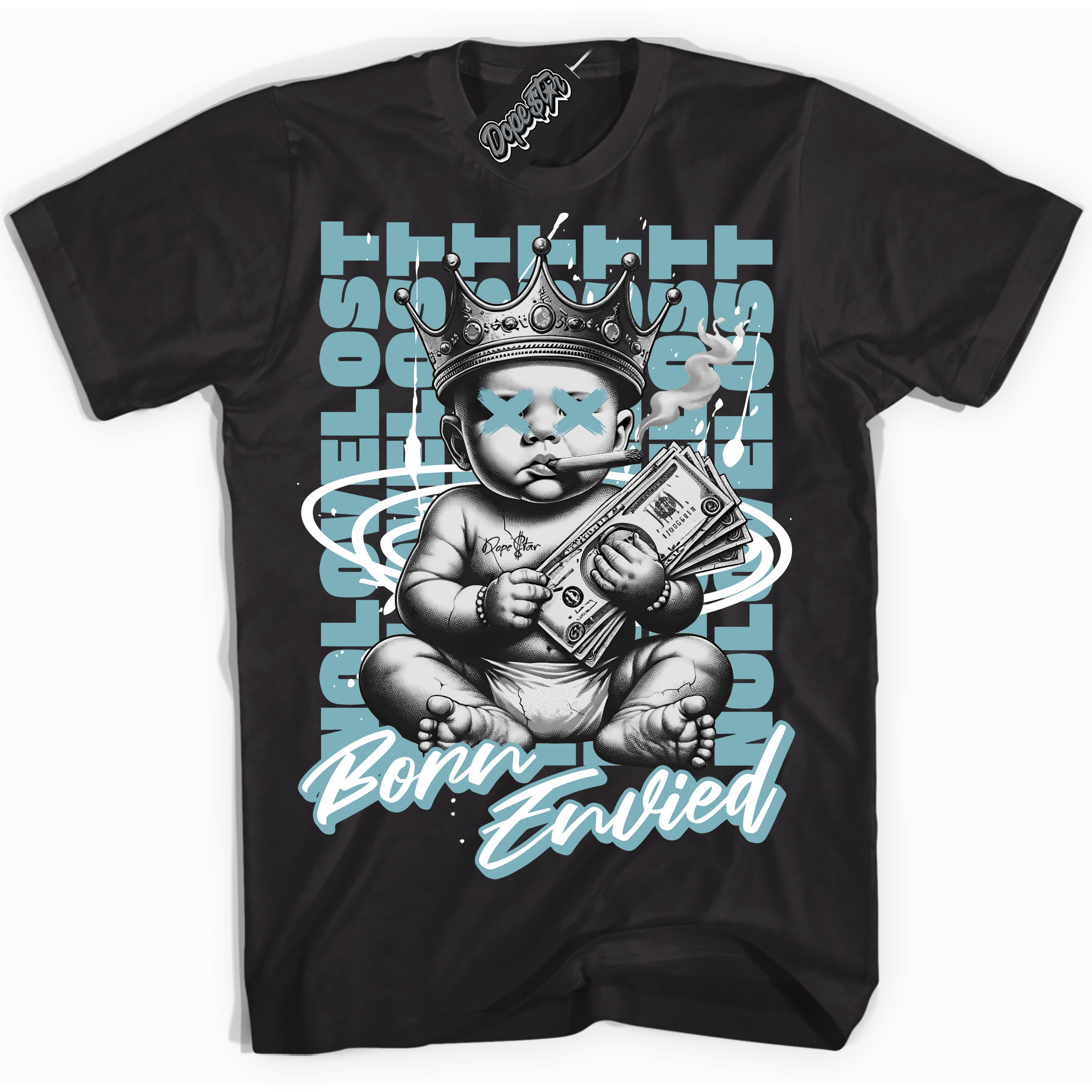 Cool Black Shirt with “Born Envied” design that perfectly matches the Denim Turquoise Dunk Sneakers.