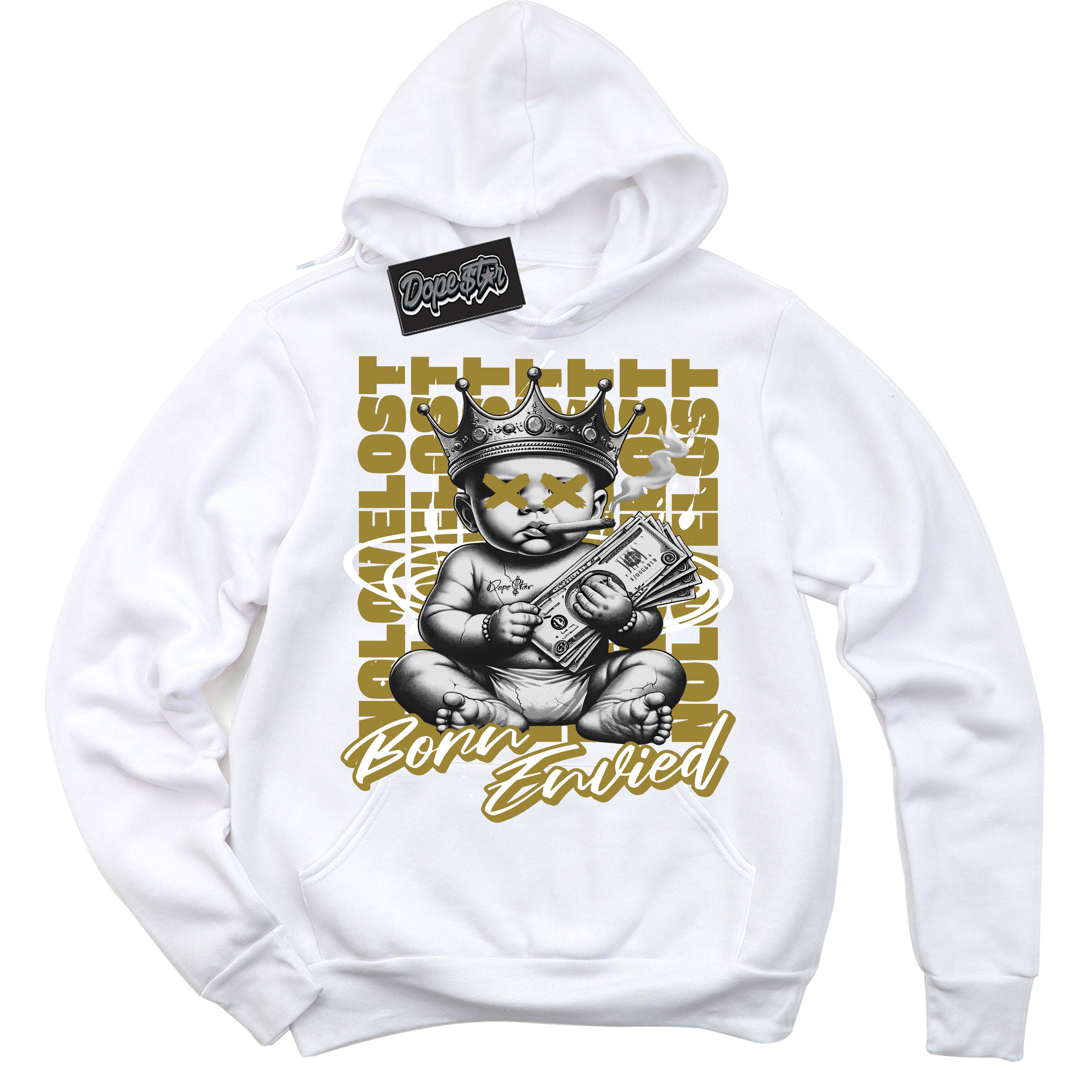 Cool White Hoodie with “Born Envied” design that Perfectly Matches Pacific Moss Dunk Sneakers.