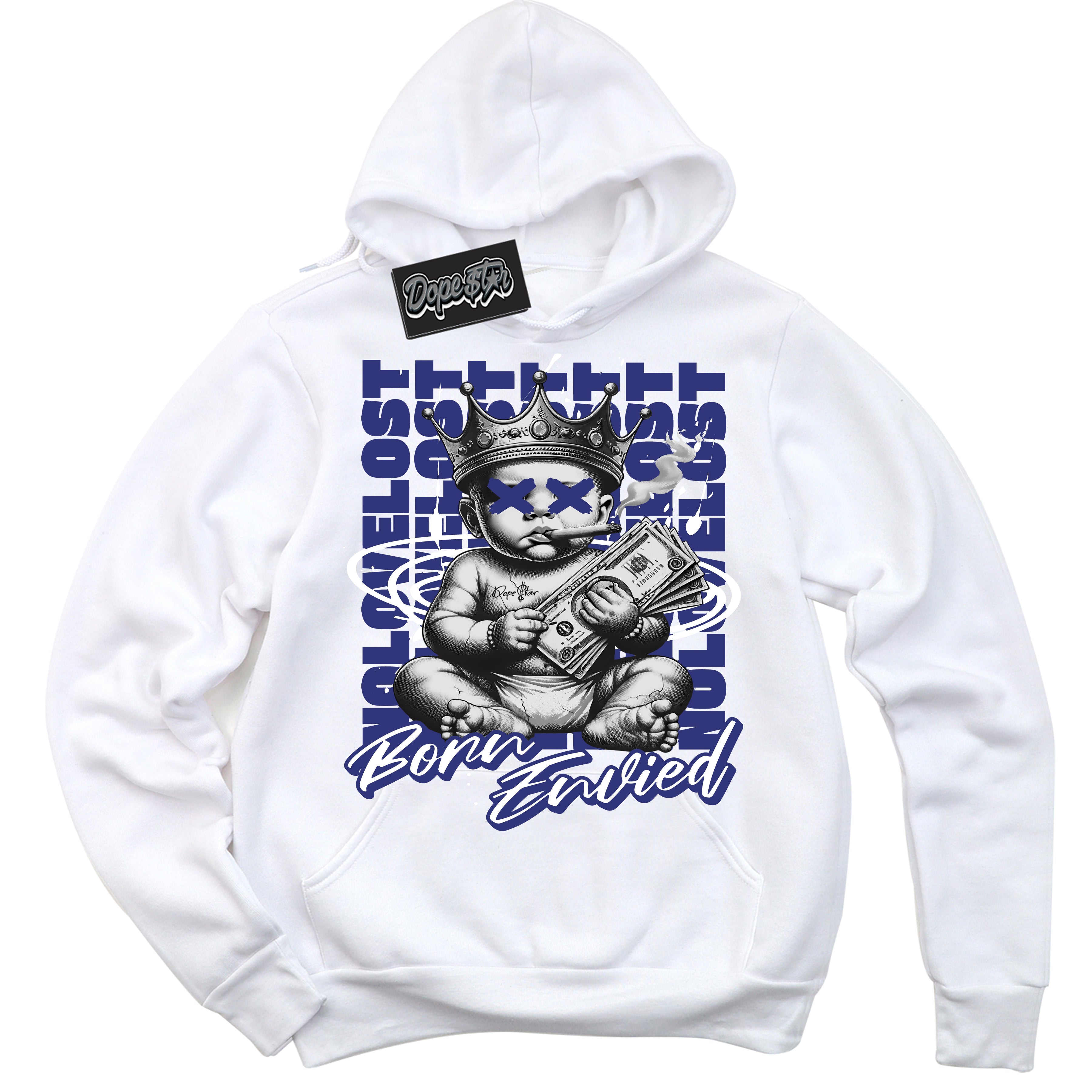 Cool White Hoodie with “Born Envied” design that Perfectly Matches Concord Dunks Sneakers.