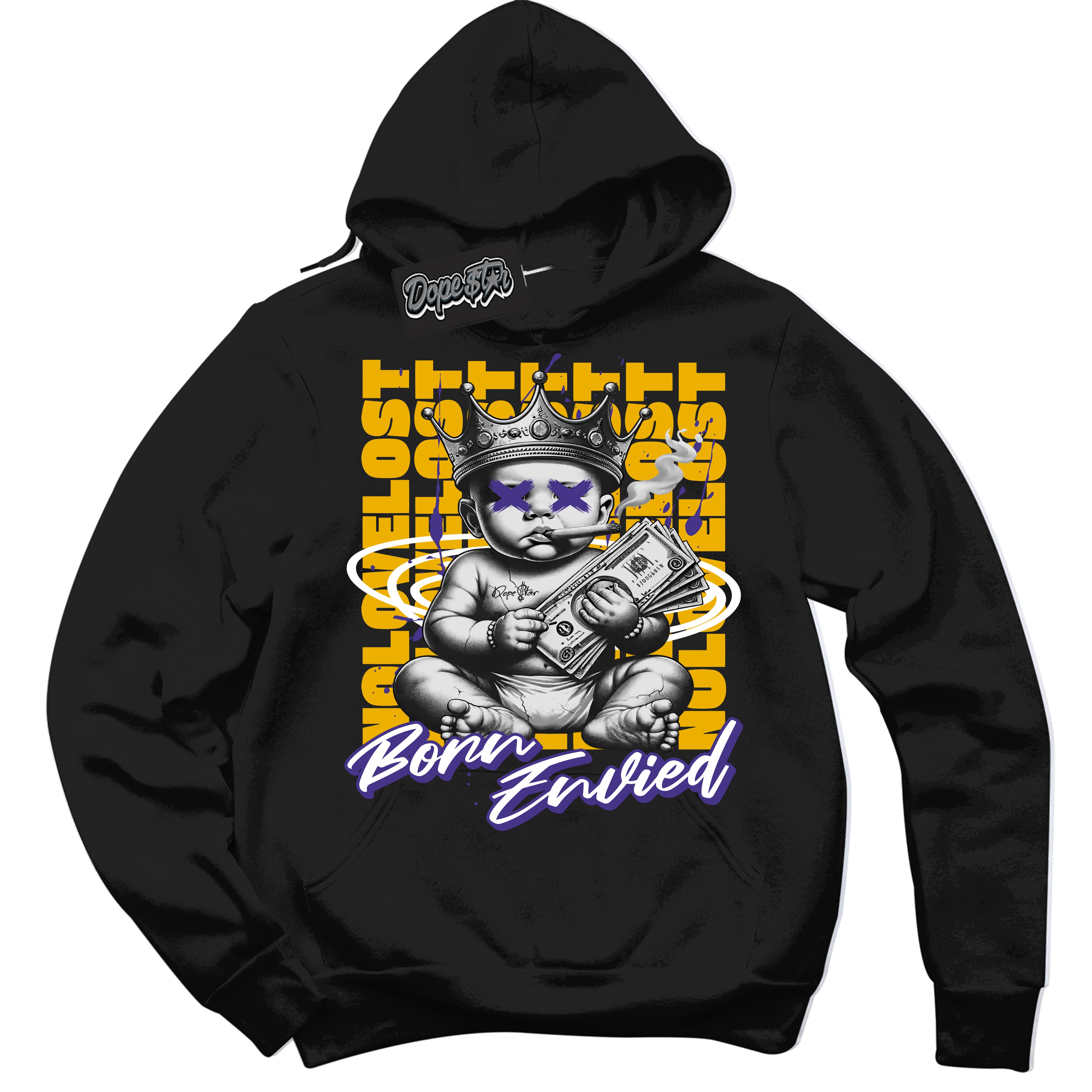 Cool Black Hoodie with “Born Envied” design that Perfectly Matches Lakers Home 8s Sneakers.