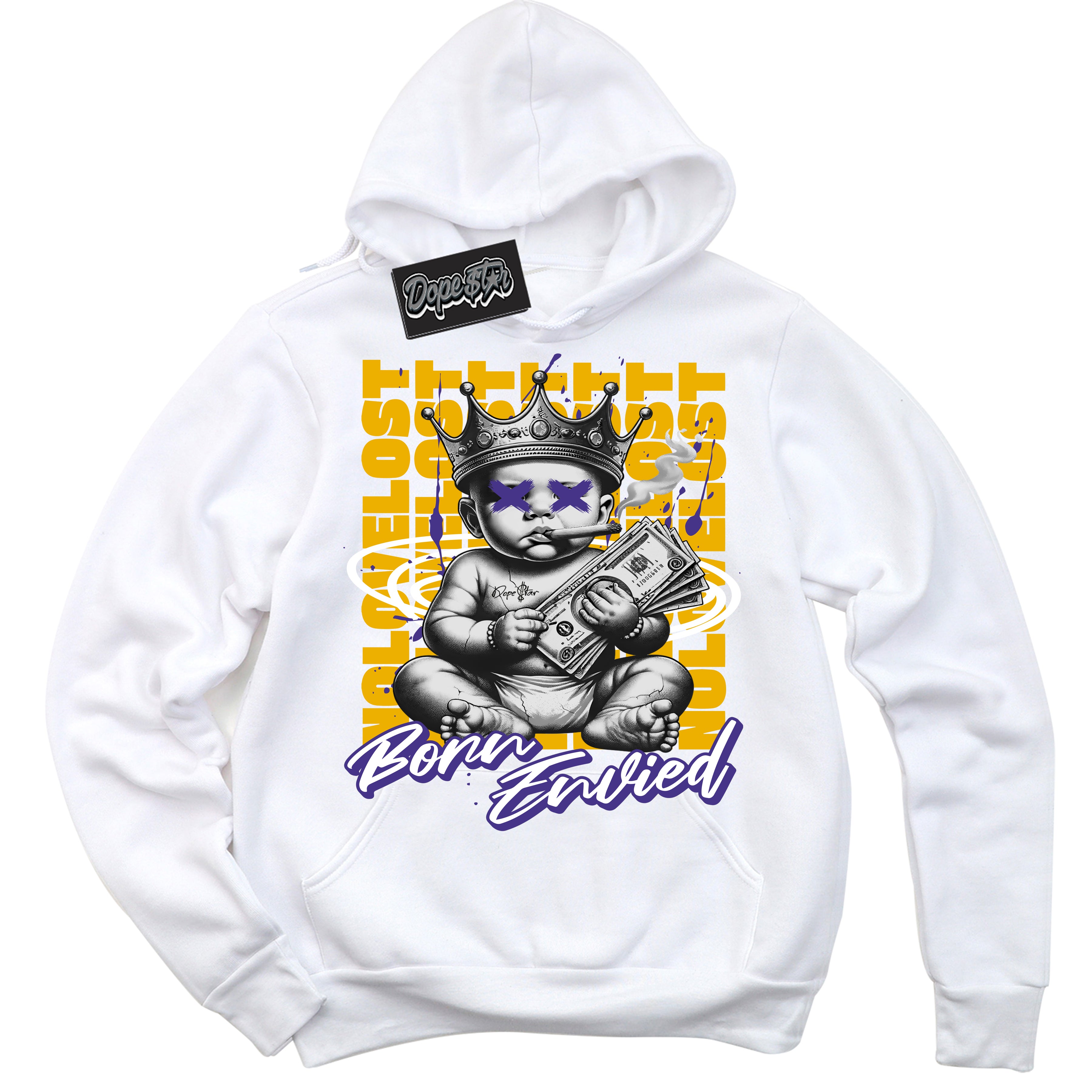 Cool White Hoodie with “Born Envied” design that Perfectly Matches Kobe 8 Protro Lakers Home Sneakers.