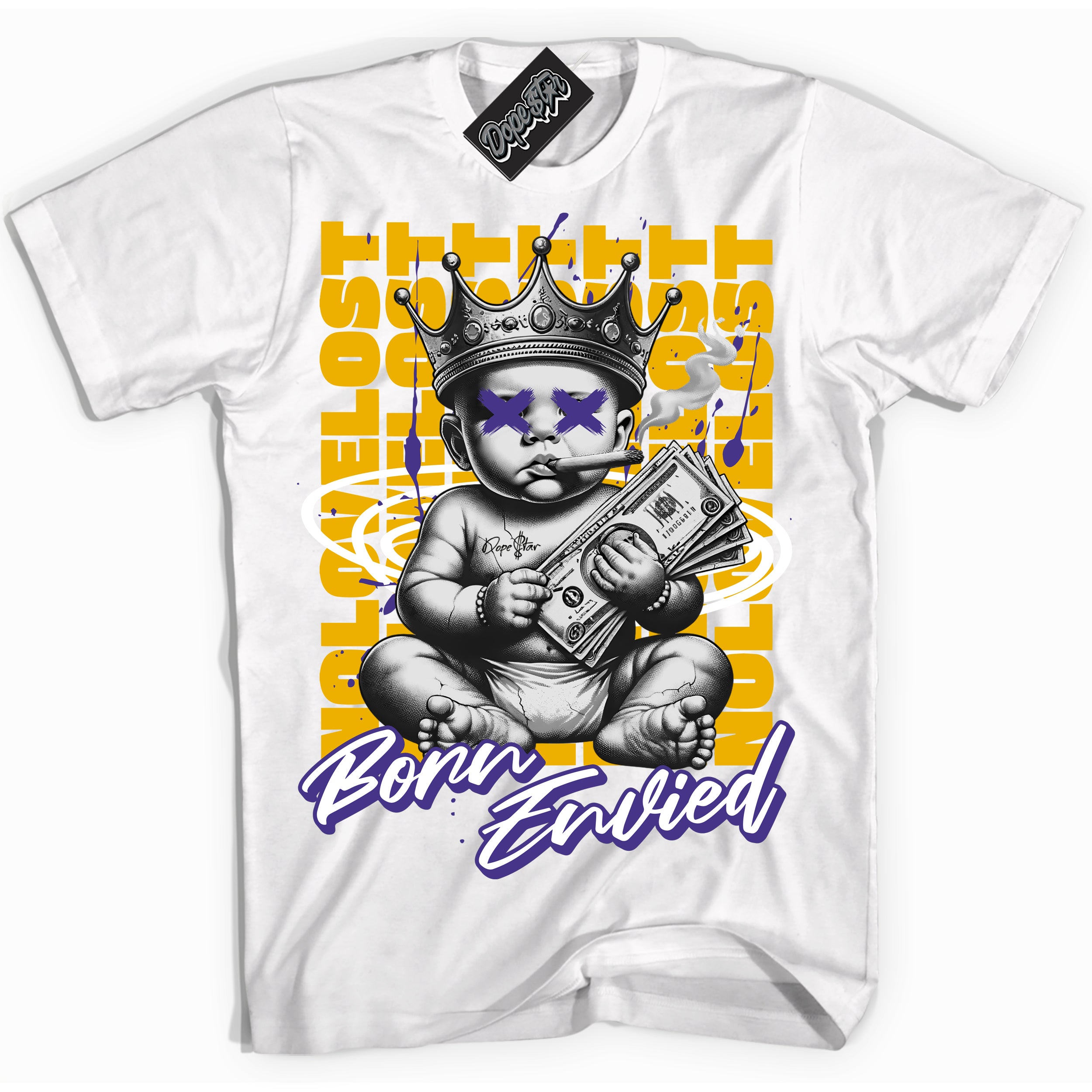 Cool White Shirt with “Born Envied” design that perfectly matches the Lakers Home 8s Sneakers.