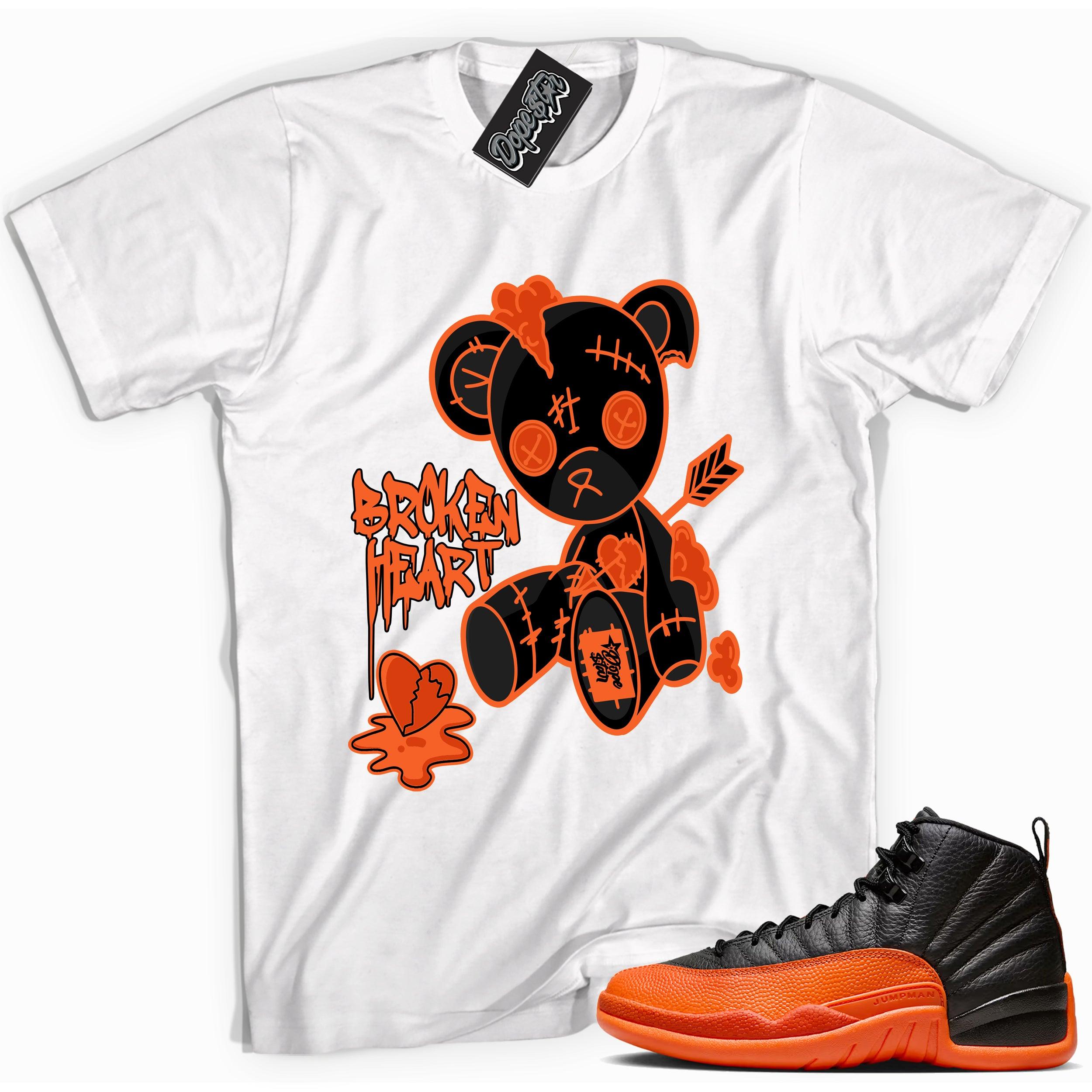 Cool White graphic tee with “ Broken Heart Bear ” print, that perfectly matches Air Jordan 12 Retro WNBA All-Star Brilliant Orange sneakers 