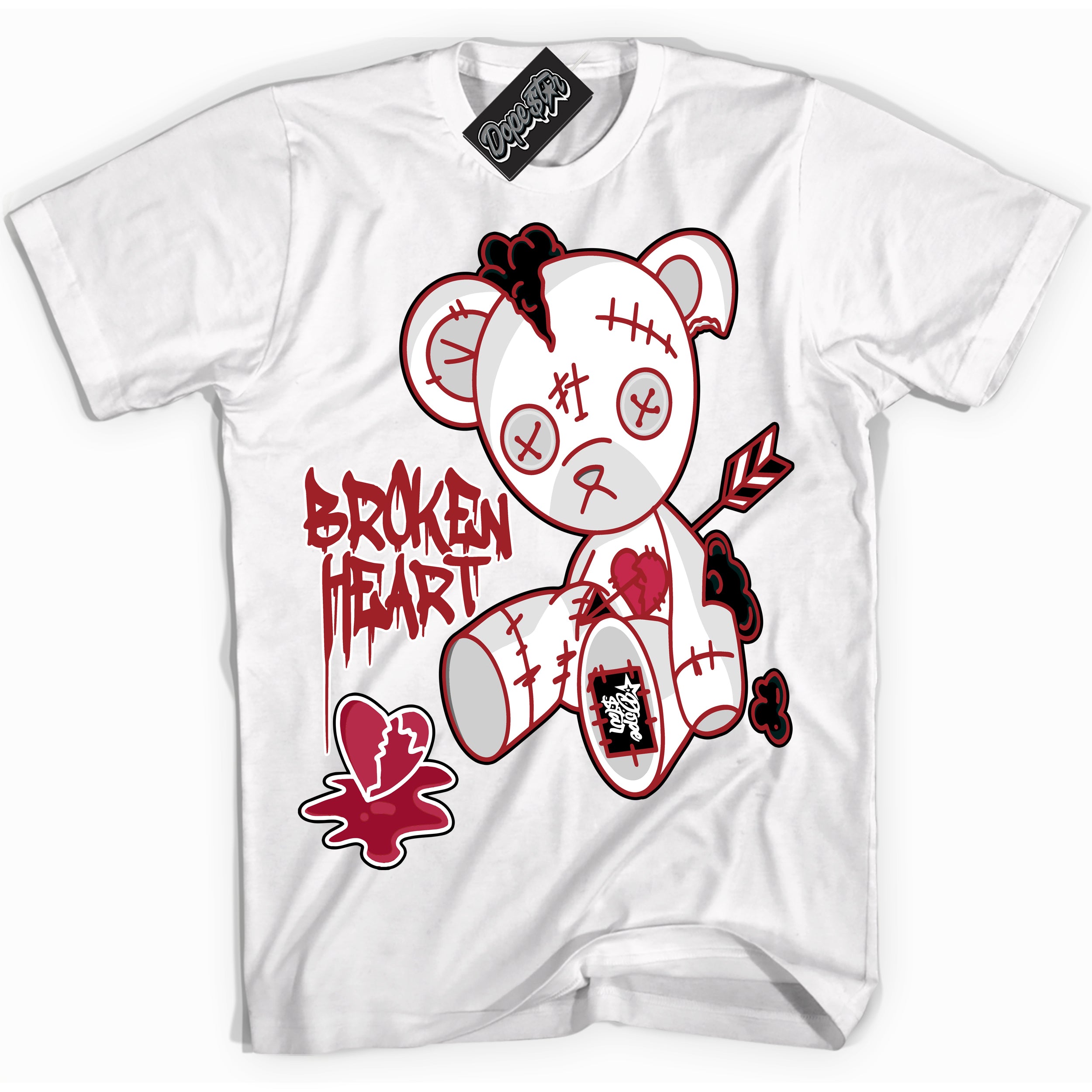 Cool White graphic tee with “ Broken Heart Bear ” print, that perfectly matches Lost And Found 1s sneakers 