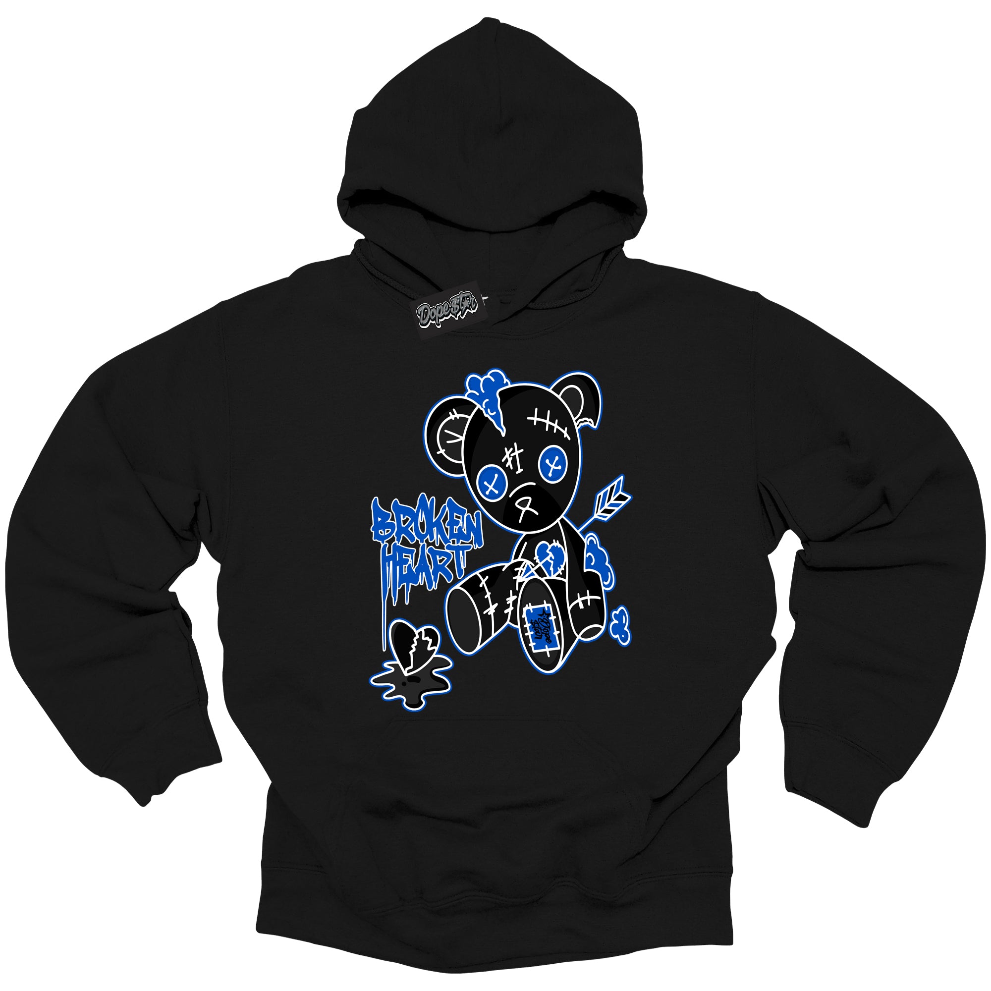 Cool Black Hoodie with “ Broken Heart Bear ”  design that Perfectly Matches  Royal Reimagined 1s Sneakers.