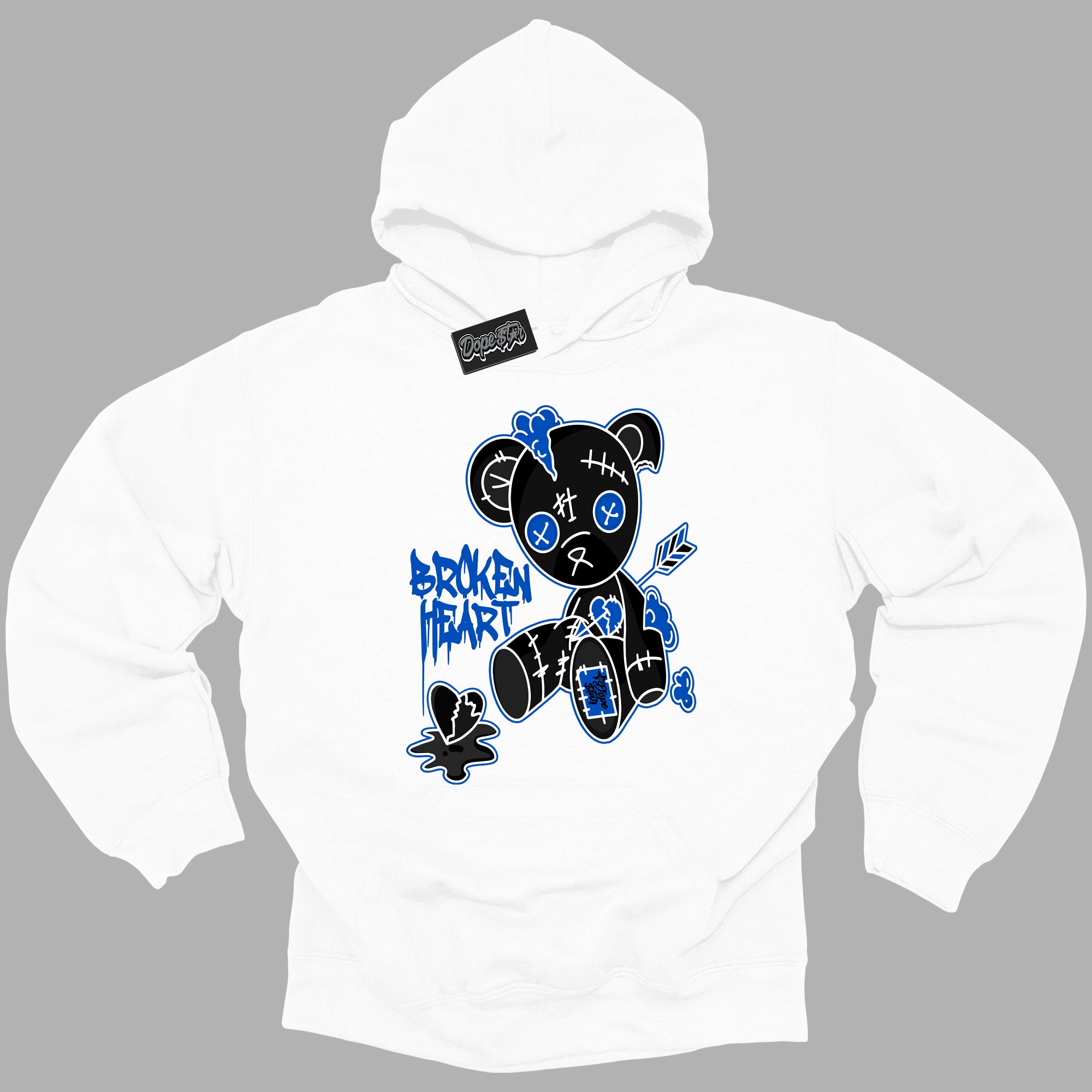 Cool White Hoodie with “ Broken Heart Bear ”  design that Perfectly Matches Royal Reimagined 1s Sneakers.