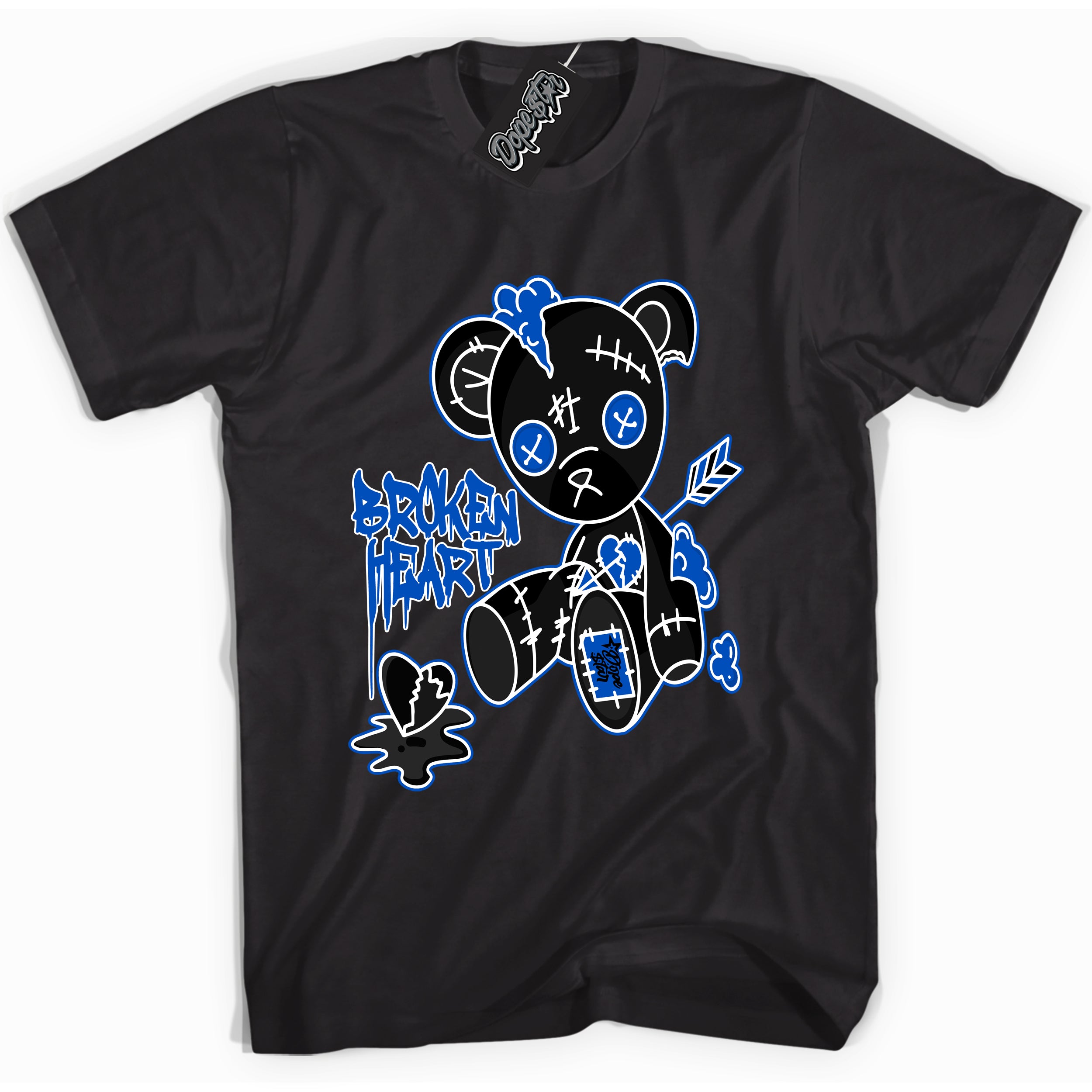 Cool Black graphic tee with Broken Heart Bear print, that perfectly matches OG Royal Reimagined 1s sneakers 