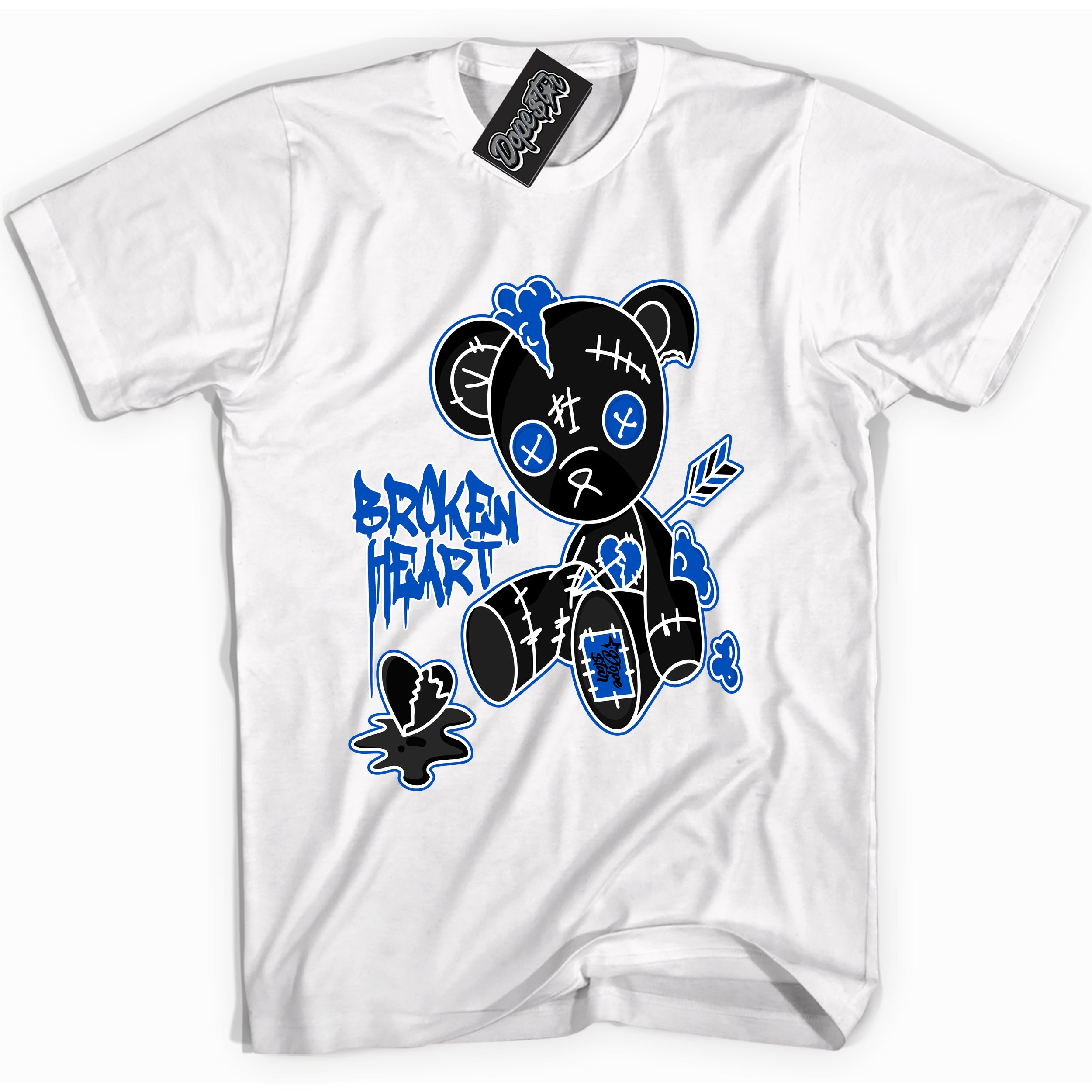 Cool White graphic tee with Broken Heart Bear  print, that perfectly matches OG Royal Reimagined 1s sneakers 