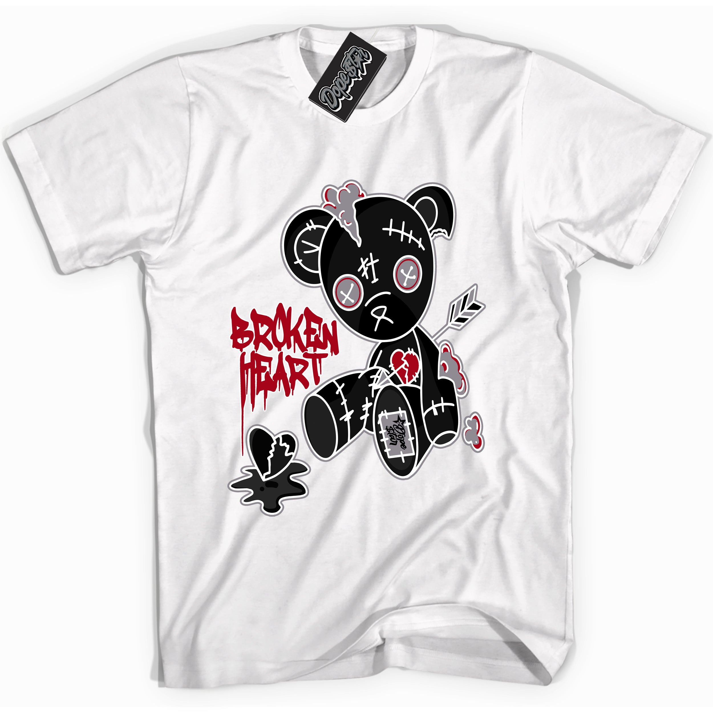 Cool White Shirt with “ Broken Heart Bear” design that perfectly matches Bred Reimagined 4s Jordans.