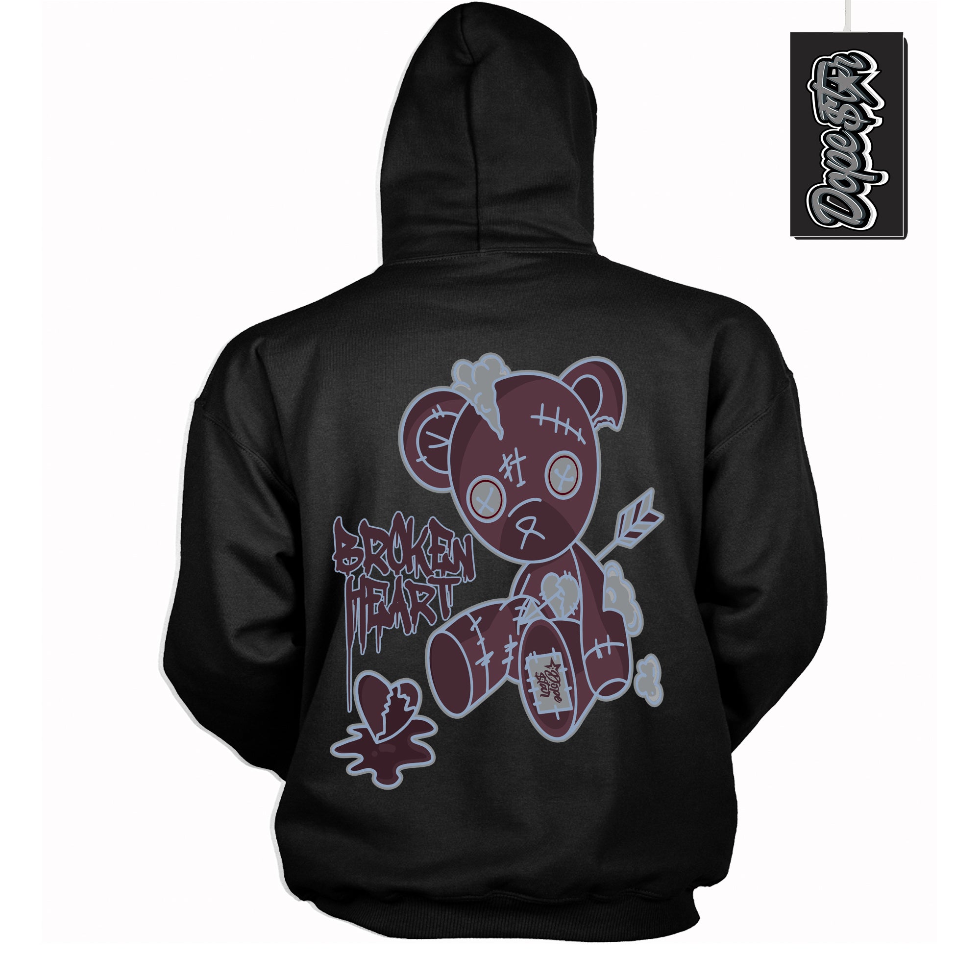 Cool Black Hoodie with “ Broken Heart Bear ”  design that Perfectly Matches Burgundy 5s Sneakers.