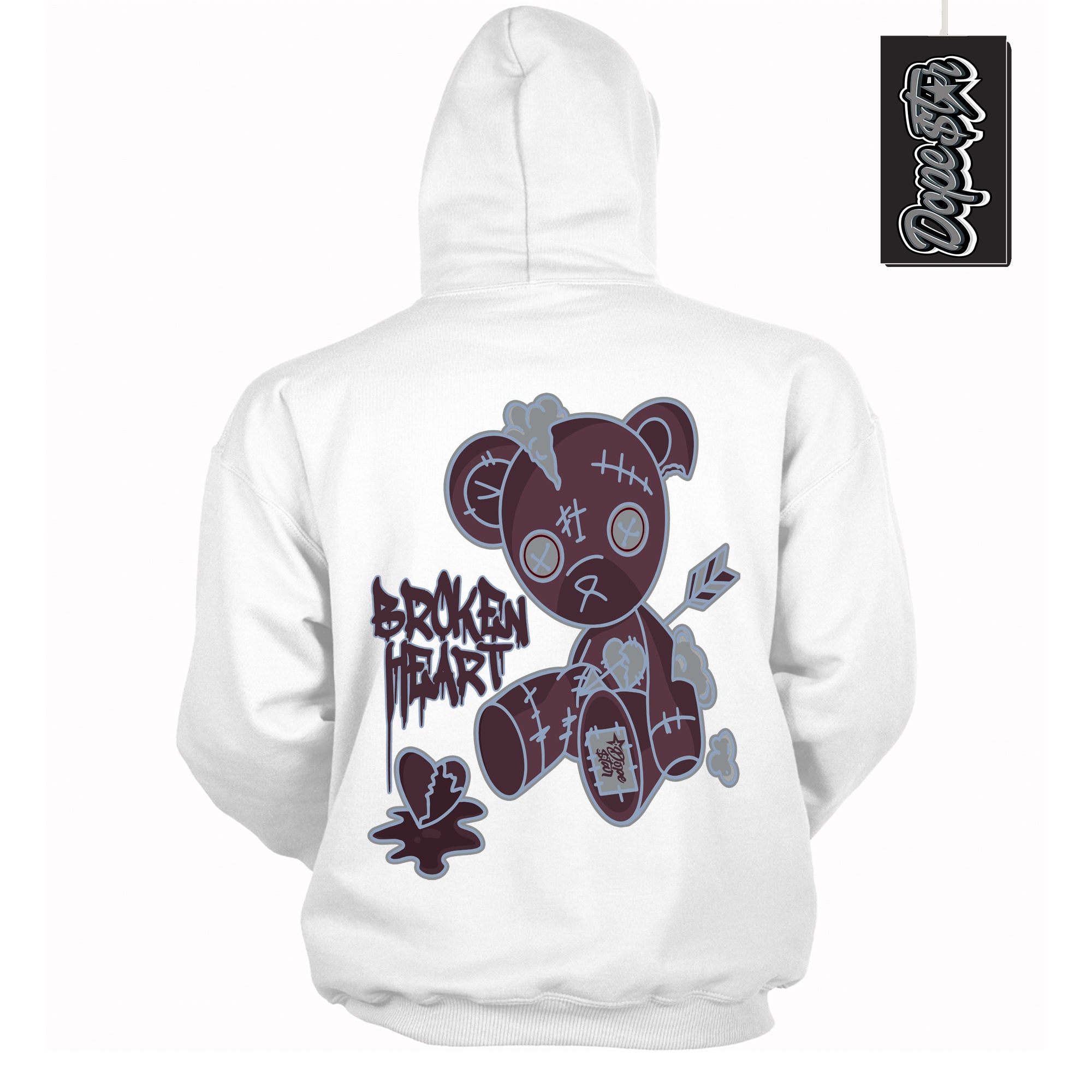 Cool White Hoodie with “ Broken Heart Bear ”  design that Perfectly Matches Burgundy 5s Sneakers.