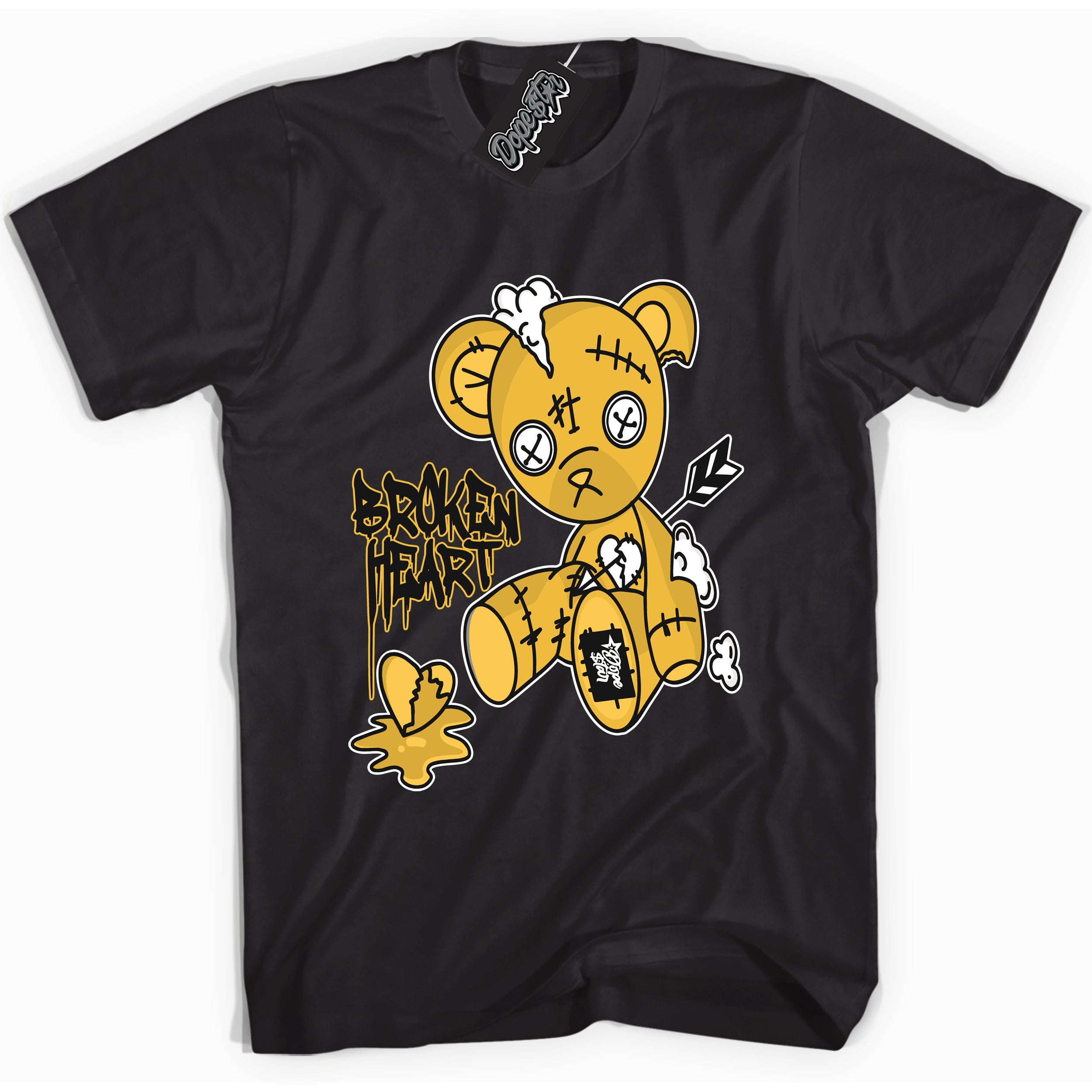 Cool Black Shirt With Broken Heart Bear design That Perfectly Matches AIR JORDAN 6 RETRO YELLOW OCHRE Sneakers.