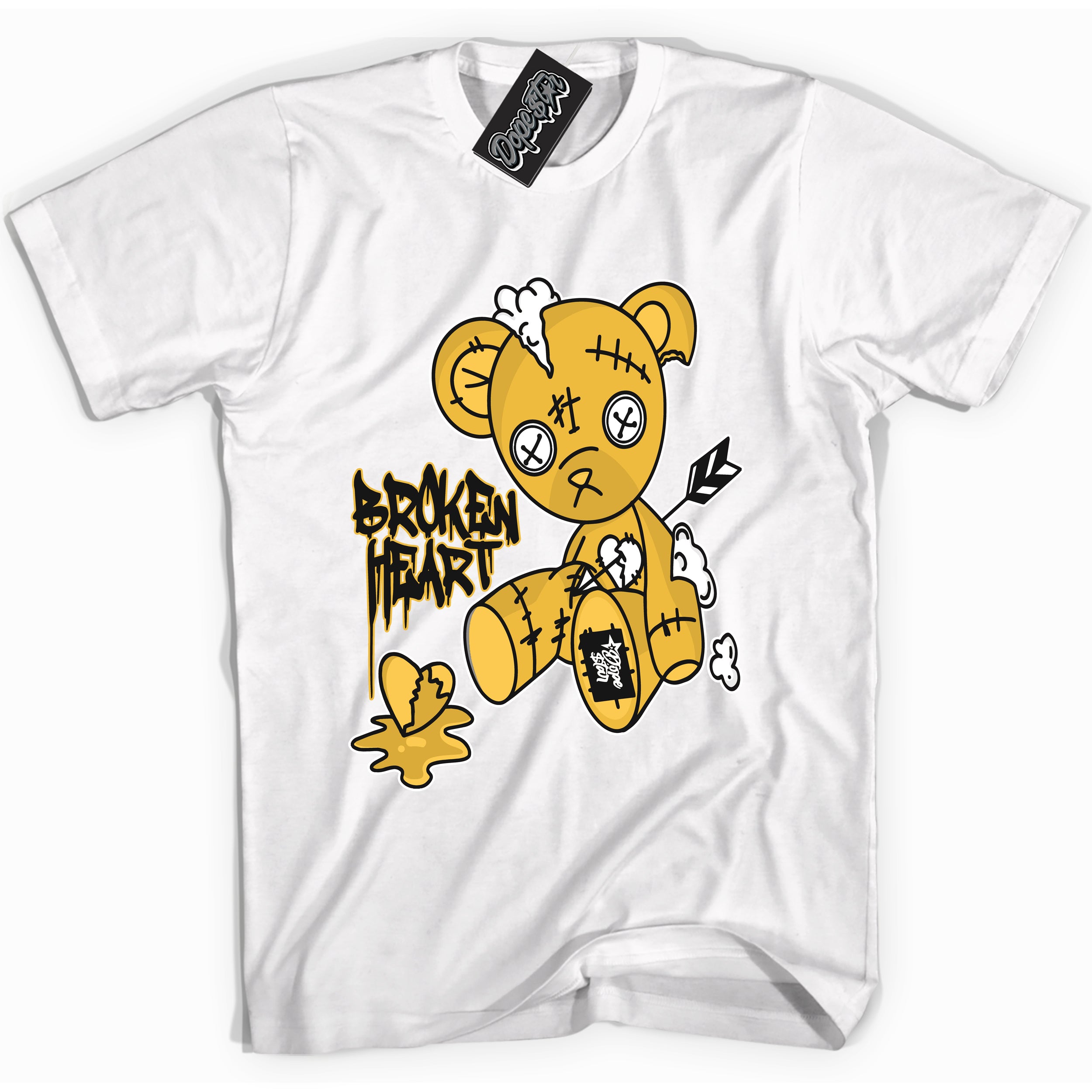 Cool White Shirt With Broken Heart Bear design That Perfectly Matches AIR JORDAN 6 RETRO YELLOW OCHRE Sneakers.