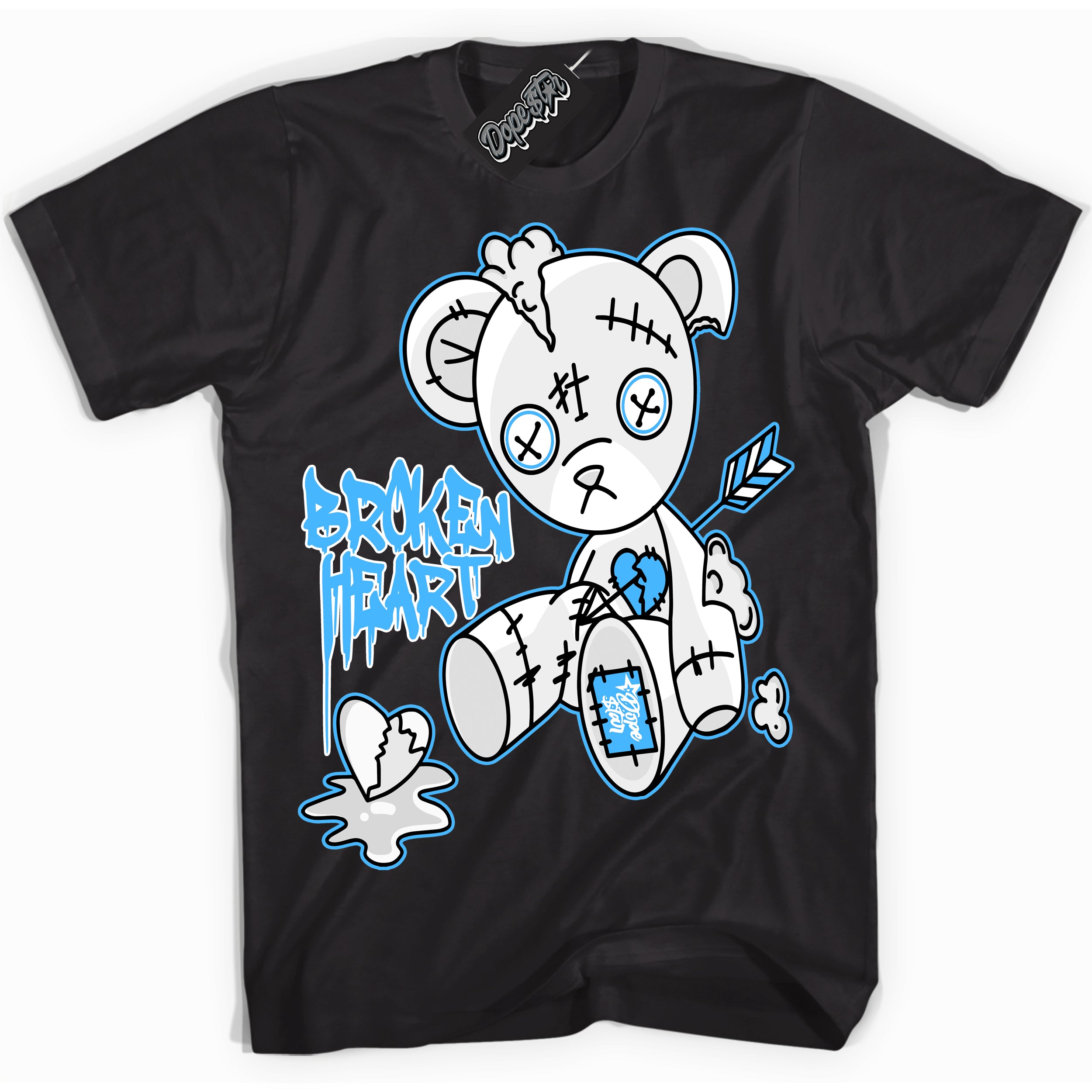 Cool Black graphic tee with “ Broken Heart Bear ” design, that perfectly matches Powder Blue 9s sneakers 