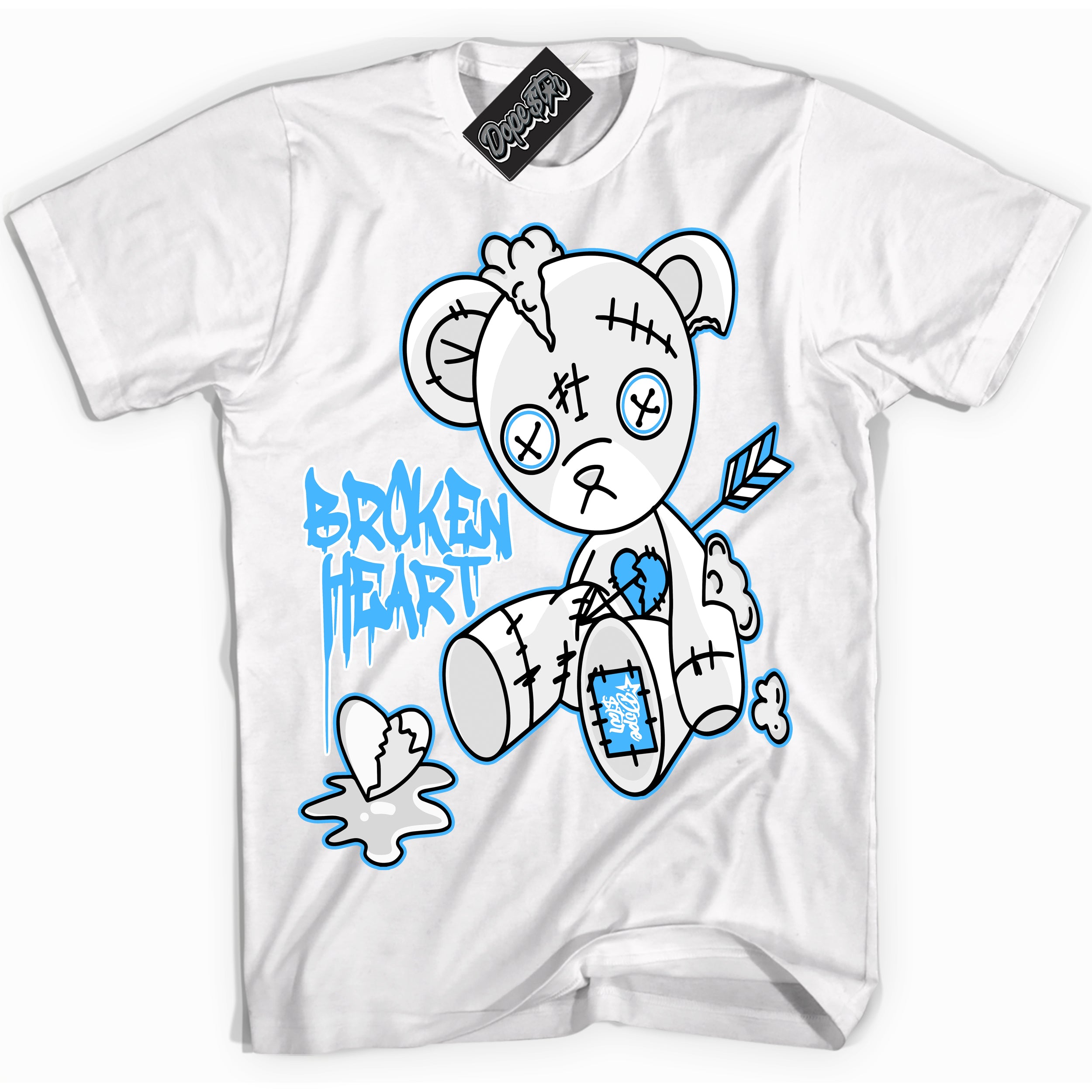 Cool White graphic tee with “ Broken Heart Bear ” design, that perfectly matches Powder Blue 9s sneakers 