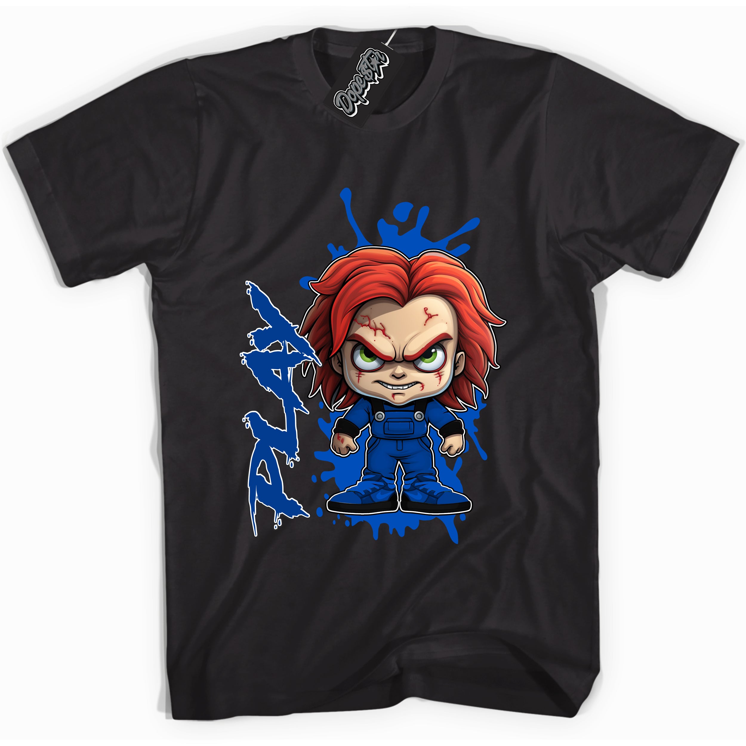 Cool Black graphic tee with "Chucky Play" design, that perfectly matches Royal Reimagined 1s sneakers 