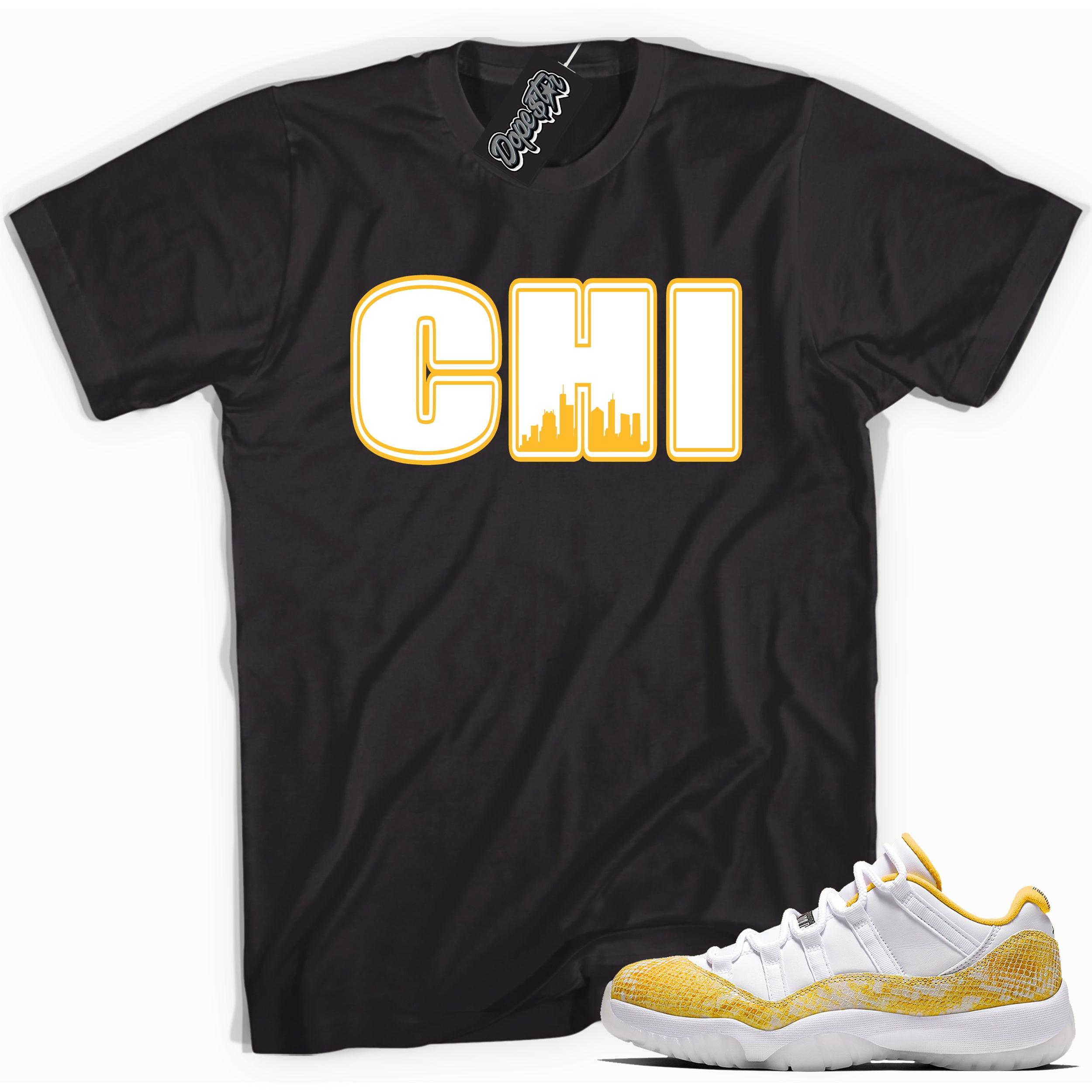 Cool black graphic tee with 'CHI' print, that perfectly matches  Air Jordan 11 Low Yellow Snakeskin sneakers