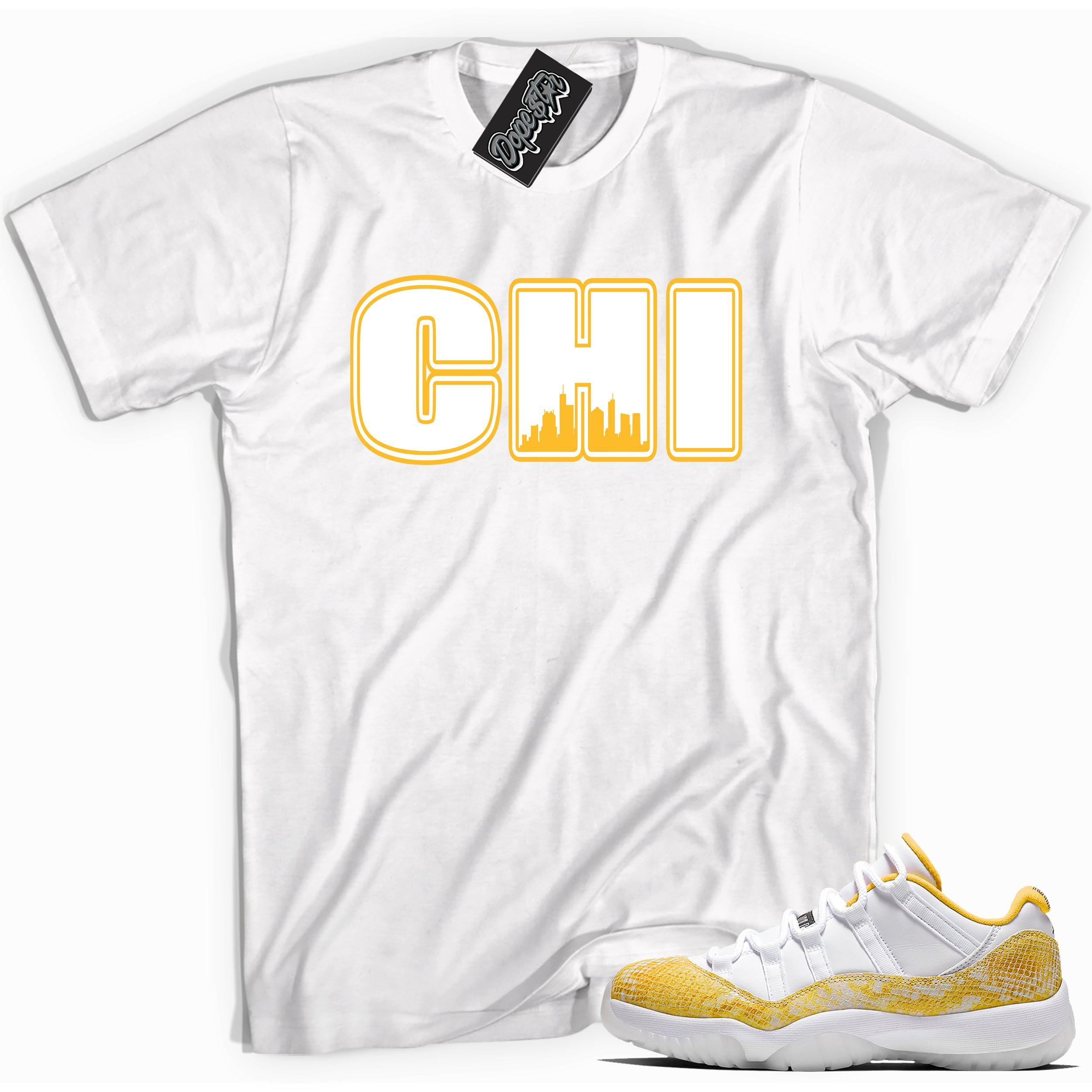 Cool white graphic tee with 'CHI' print, that perfectly matches Air Jordan 11 Low Yellow Snakeskin sneakers