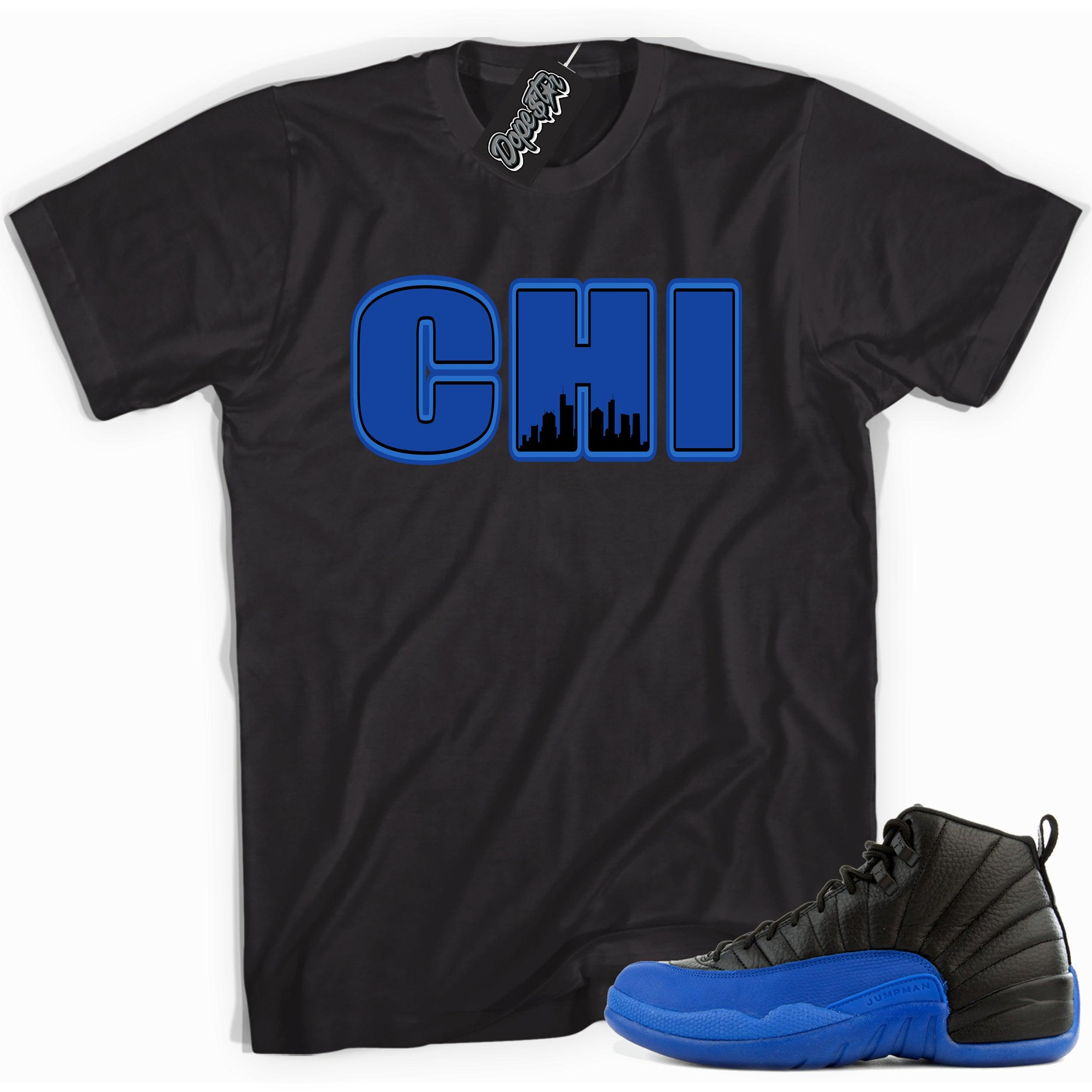 Cool black graphic tee with 'chi' print, that perfectly matches  Air Jordan 12 Retro Black Game Royal sneakers.
