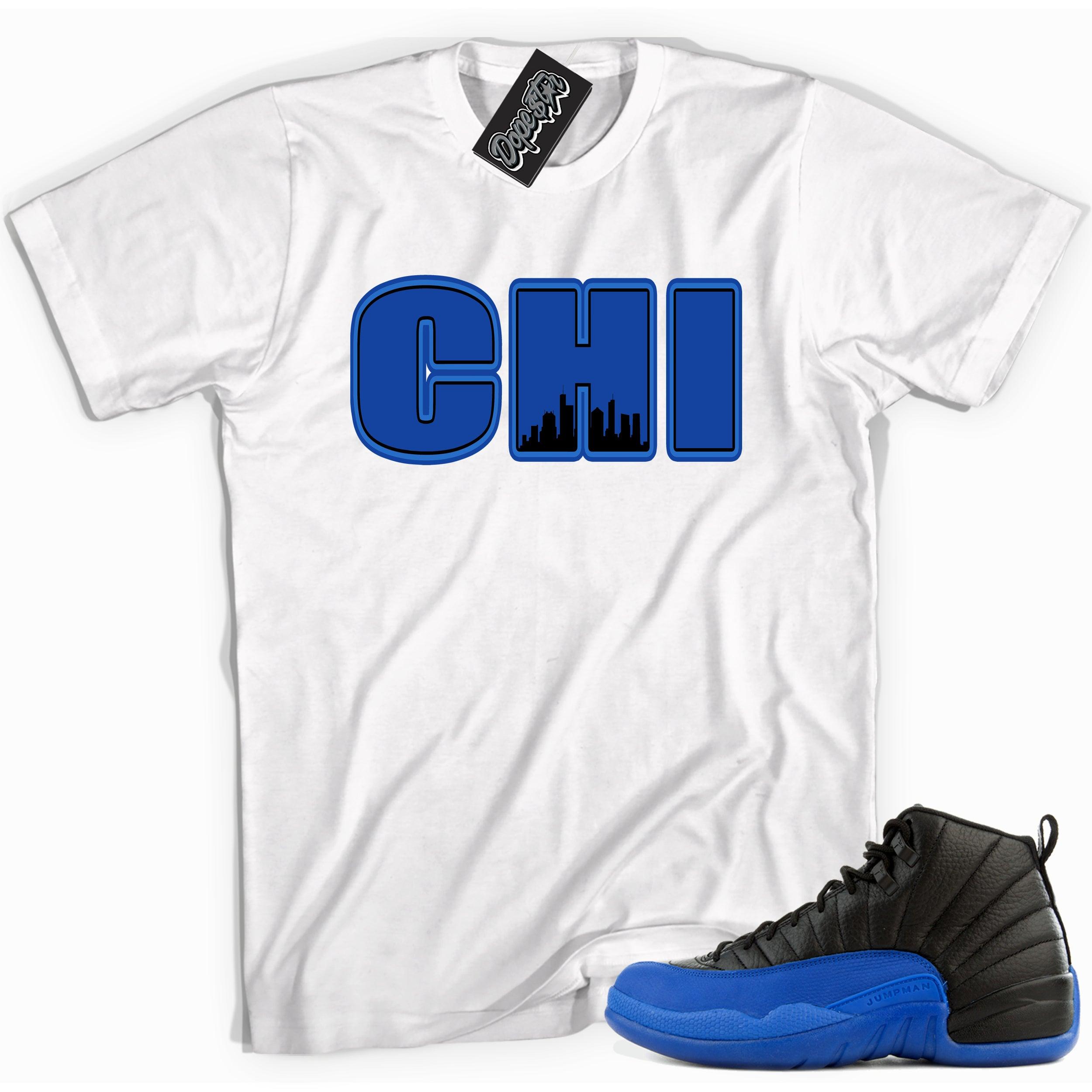 Cool white graphic tee with 'chi' print, that perfectly matches Air Jordan 12 Retro Black Game Royal sneakers.
